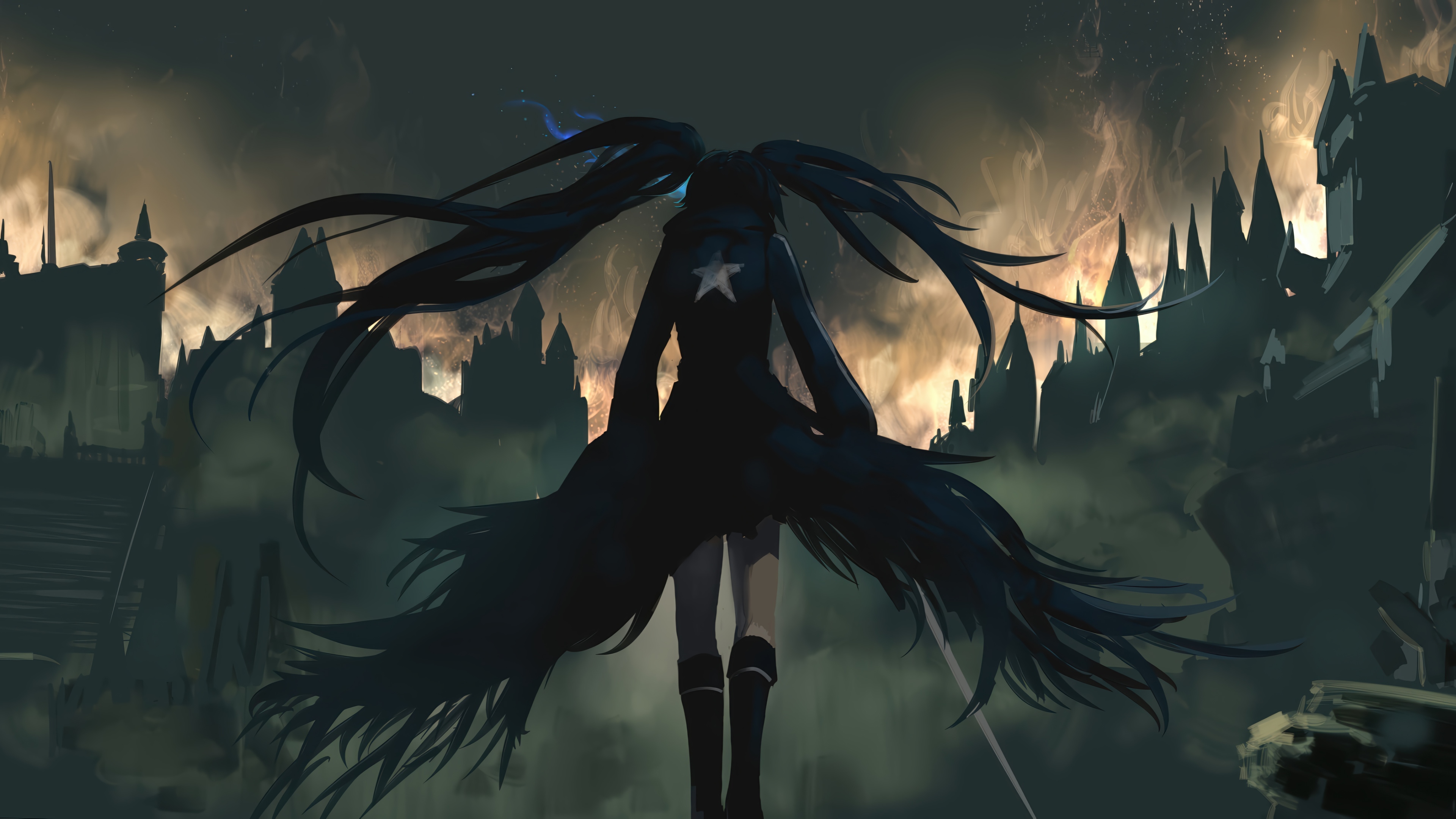 Black Rock Shooter in a dark fantasy city 4K HD Wallpaper