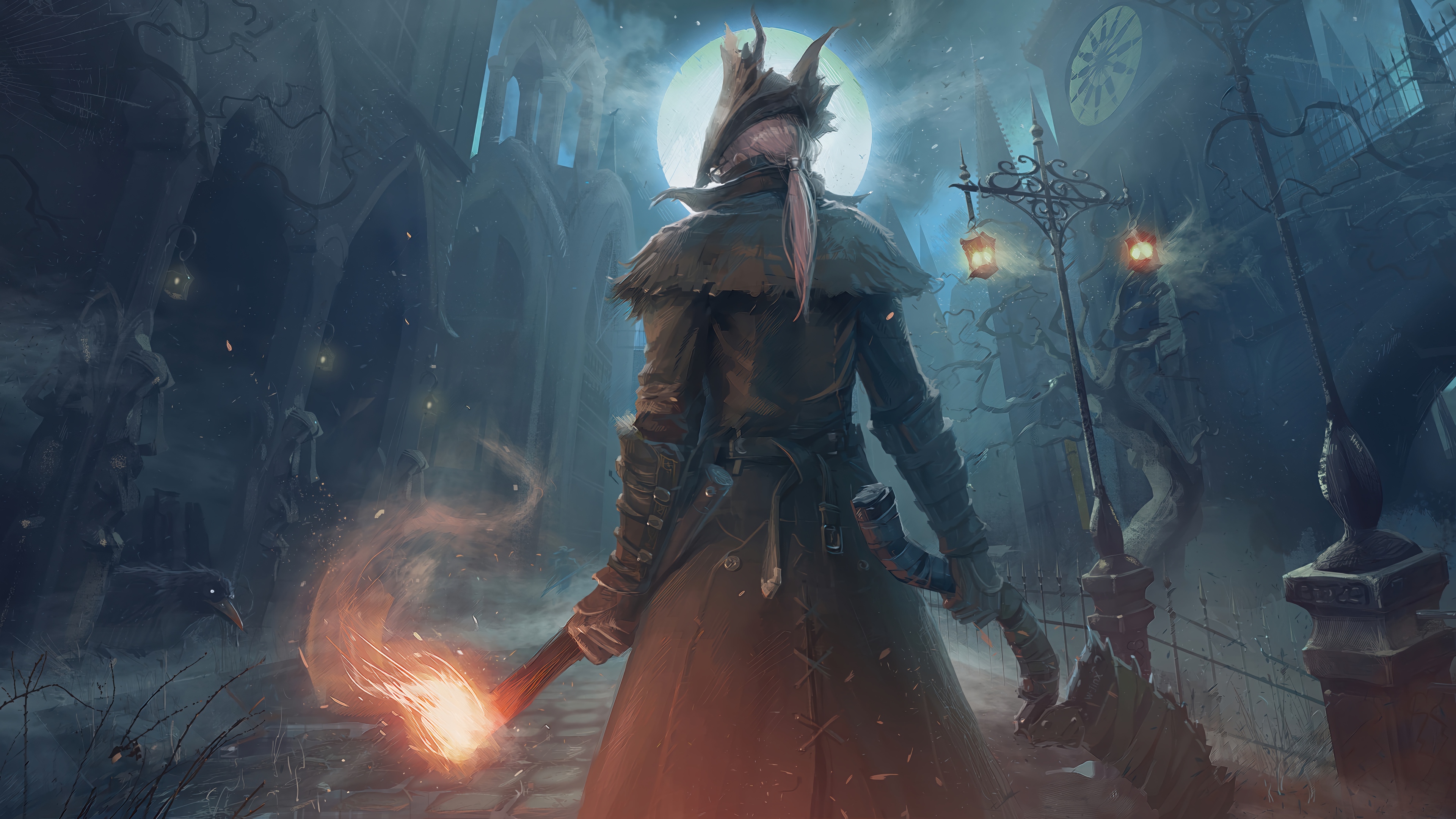 Bloodborne Hunter with Torch and Saw Cleaver 4K HD Wallpaper