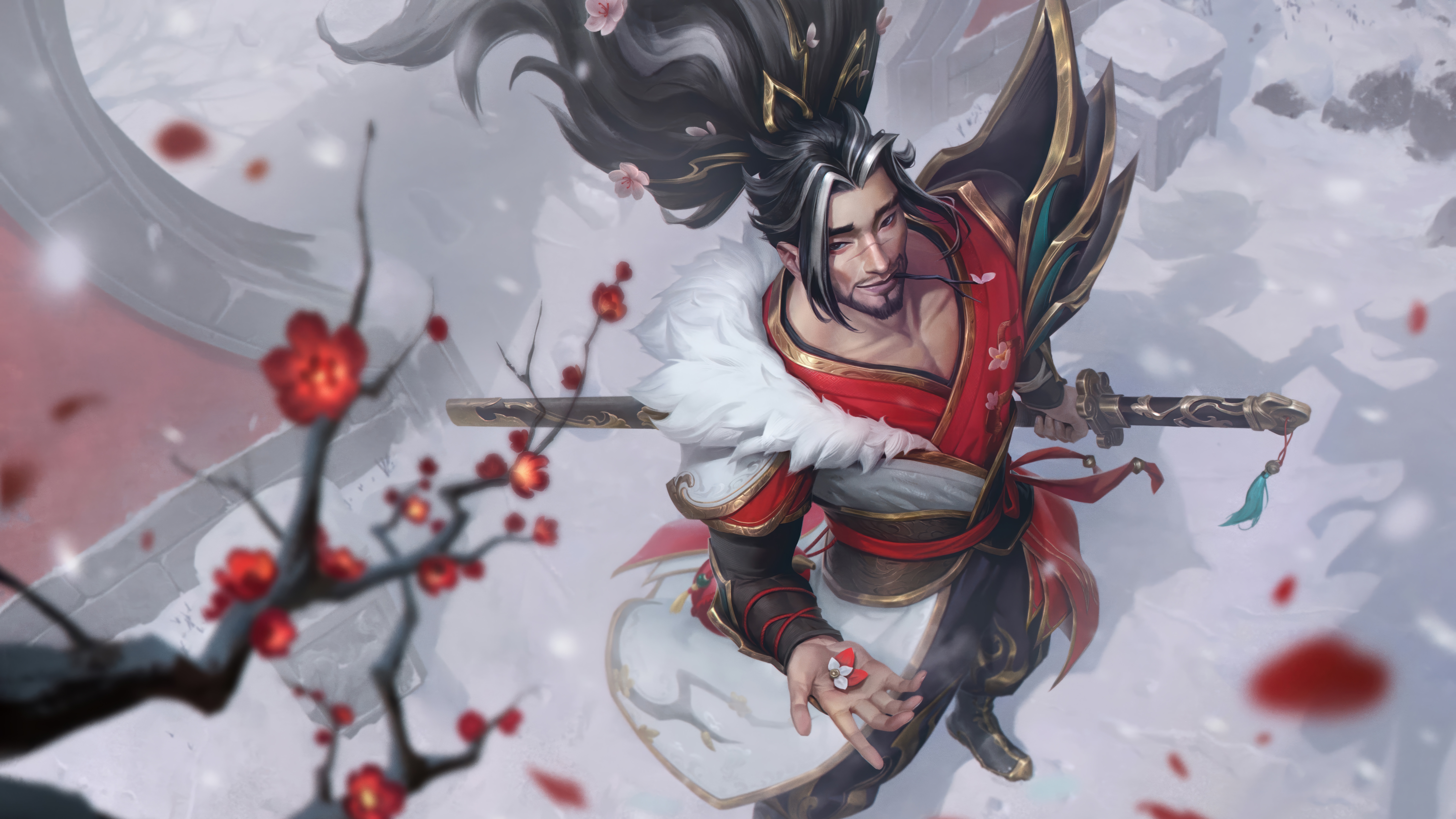 Yasuo holding a flower with cherry blossoms in the snow HD Wallpaper