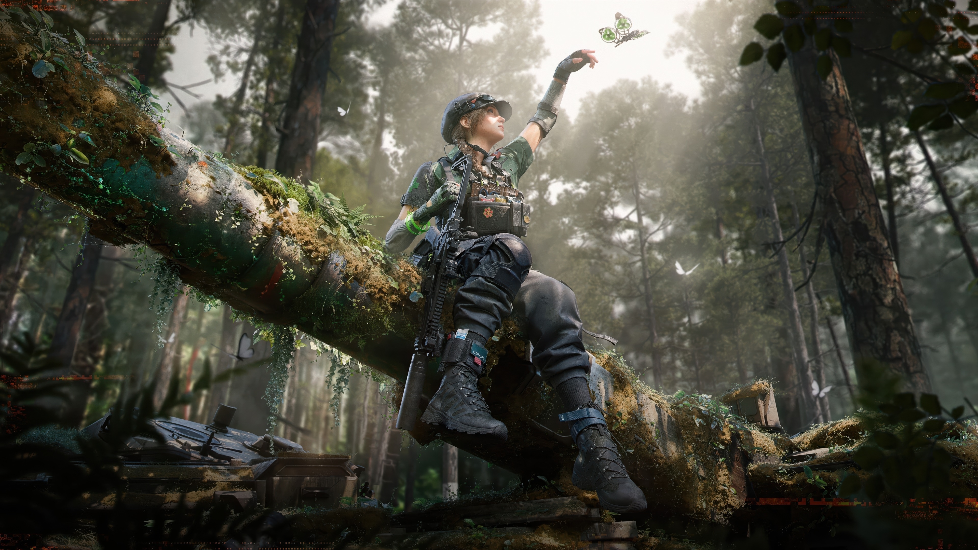 Delta Force Soldier Interacting with Butterfly in Forest HD Wallpaper