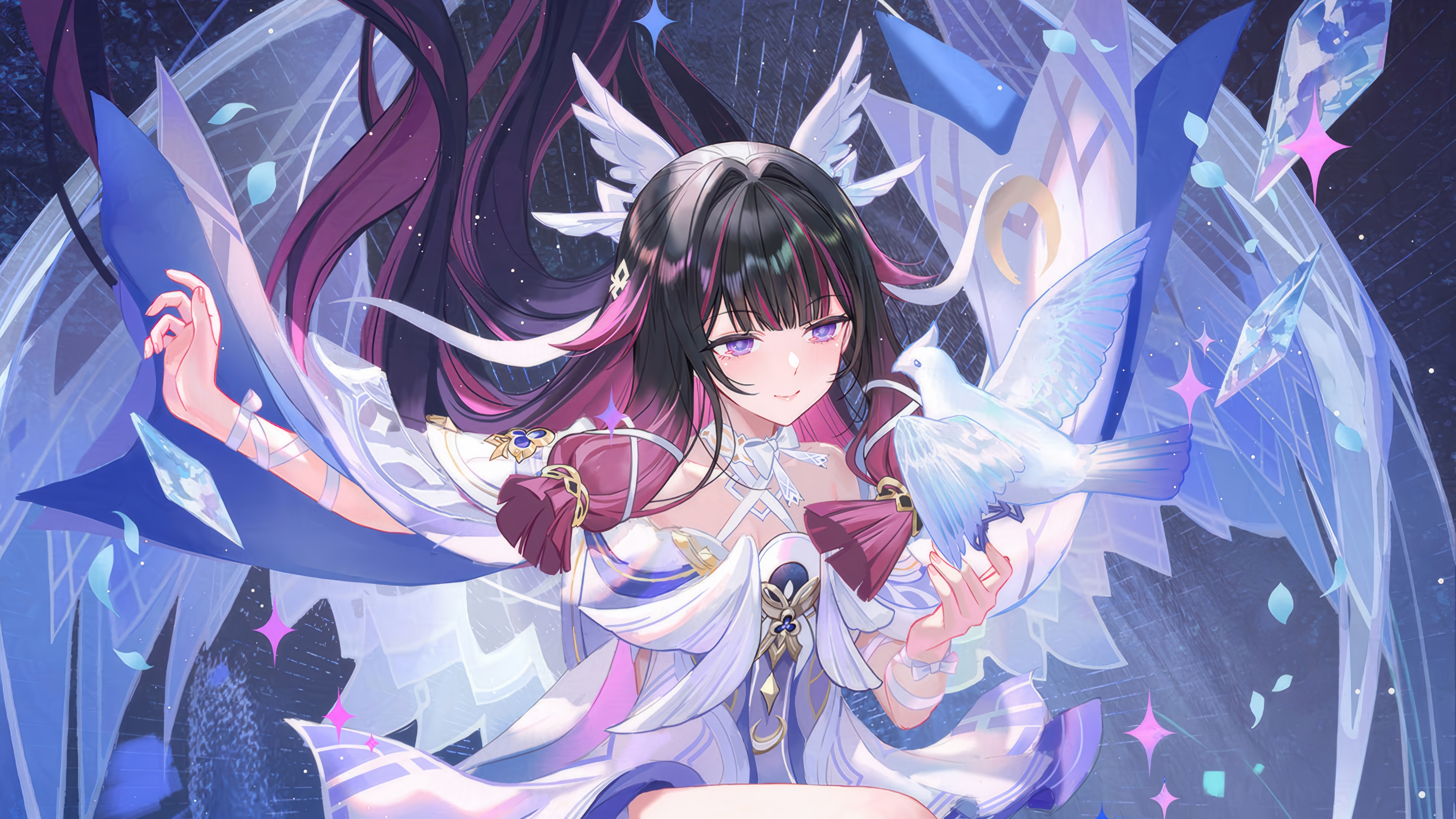 Columbina from Genshin Impact with a bird HD Wallpaper
