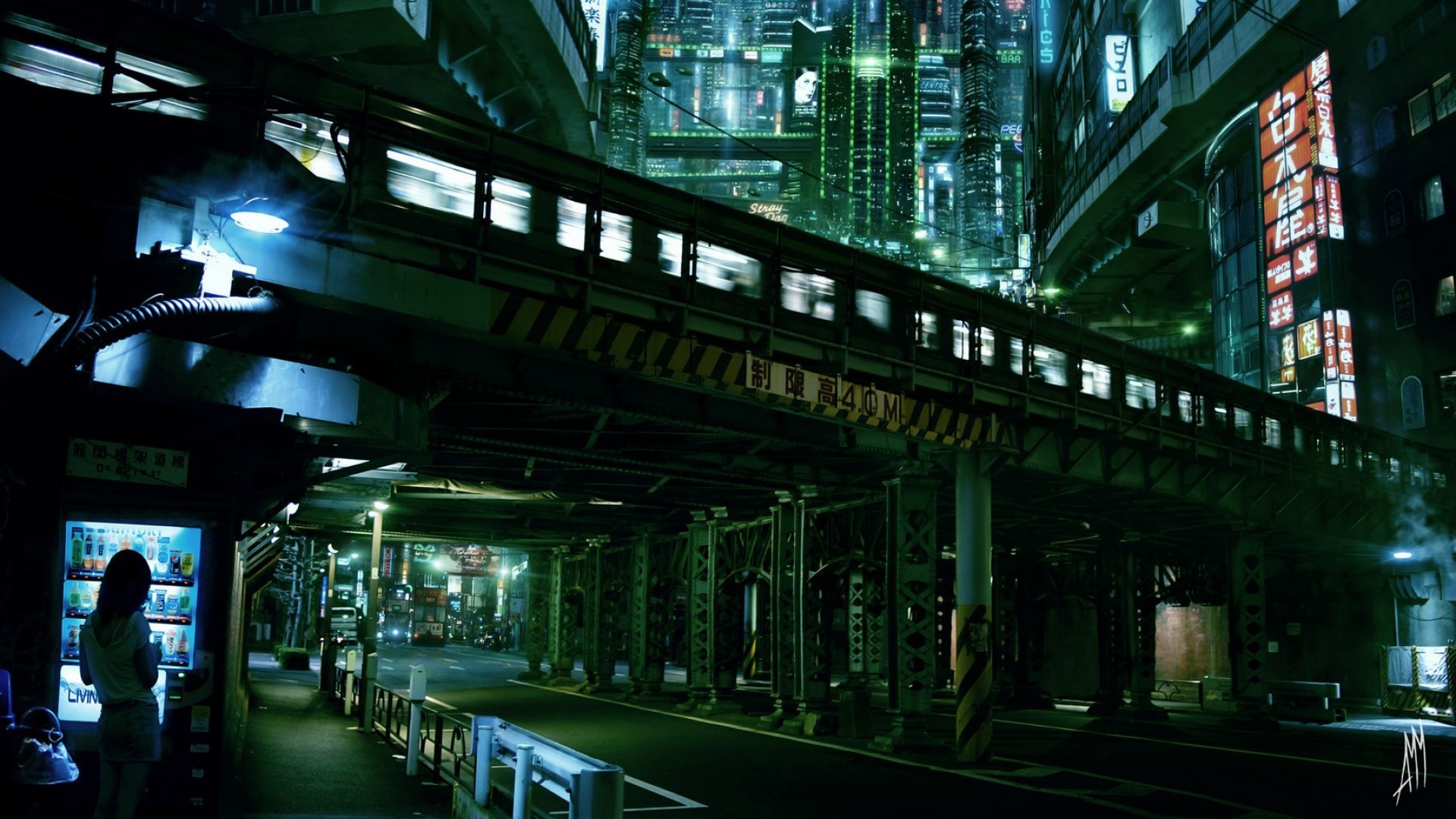 Cyberpunk city at night with a train HD Wallpaper
