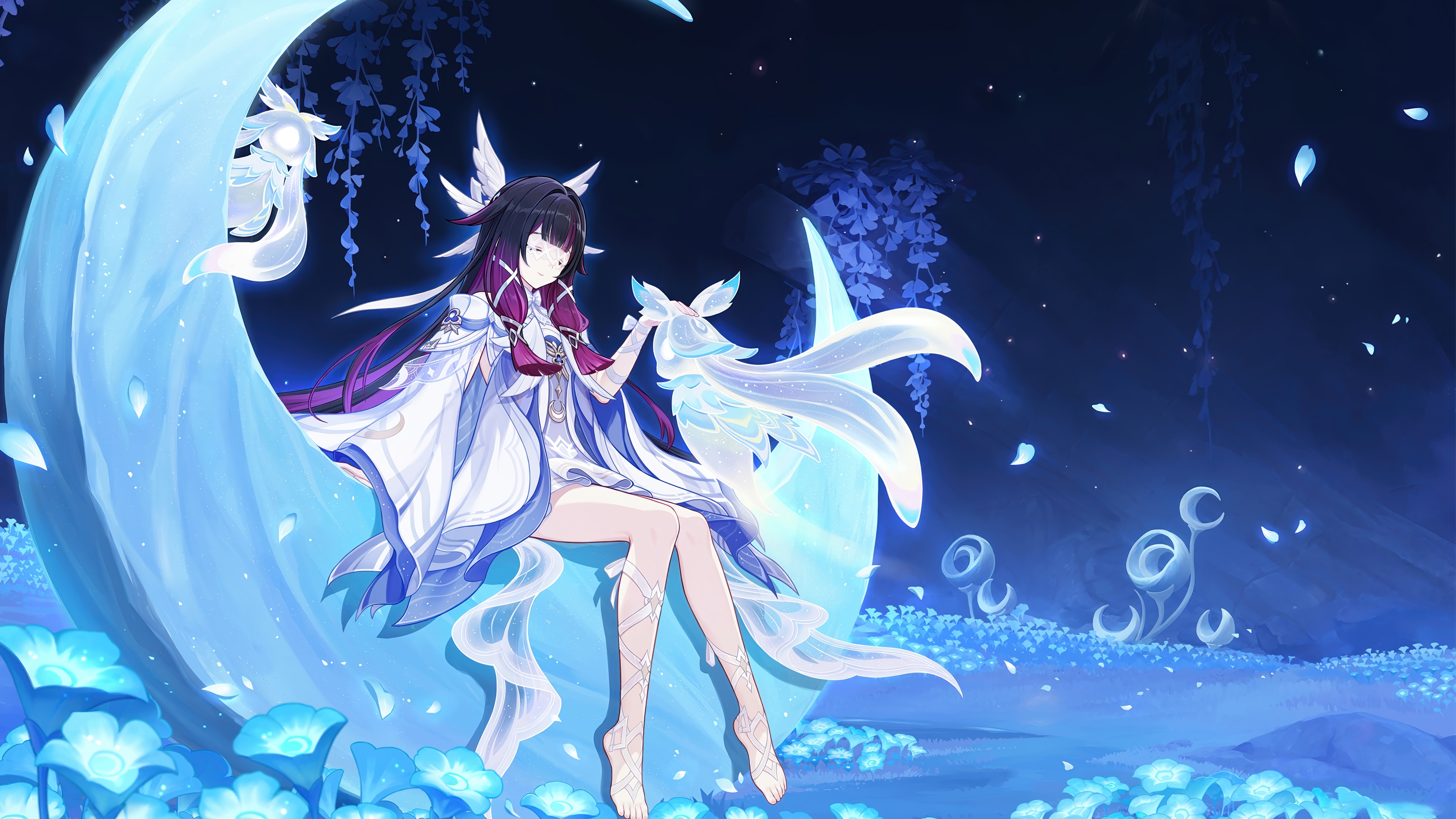 Columbina from Genshin Impact sitting on a crescent moon HD Wallpaper
