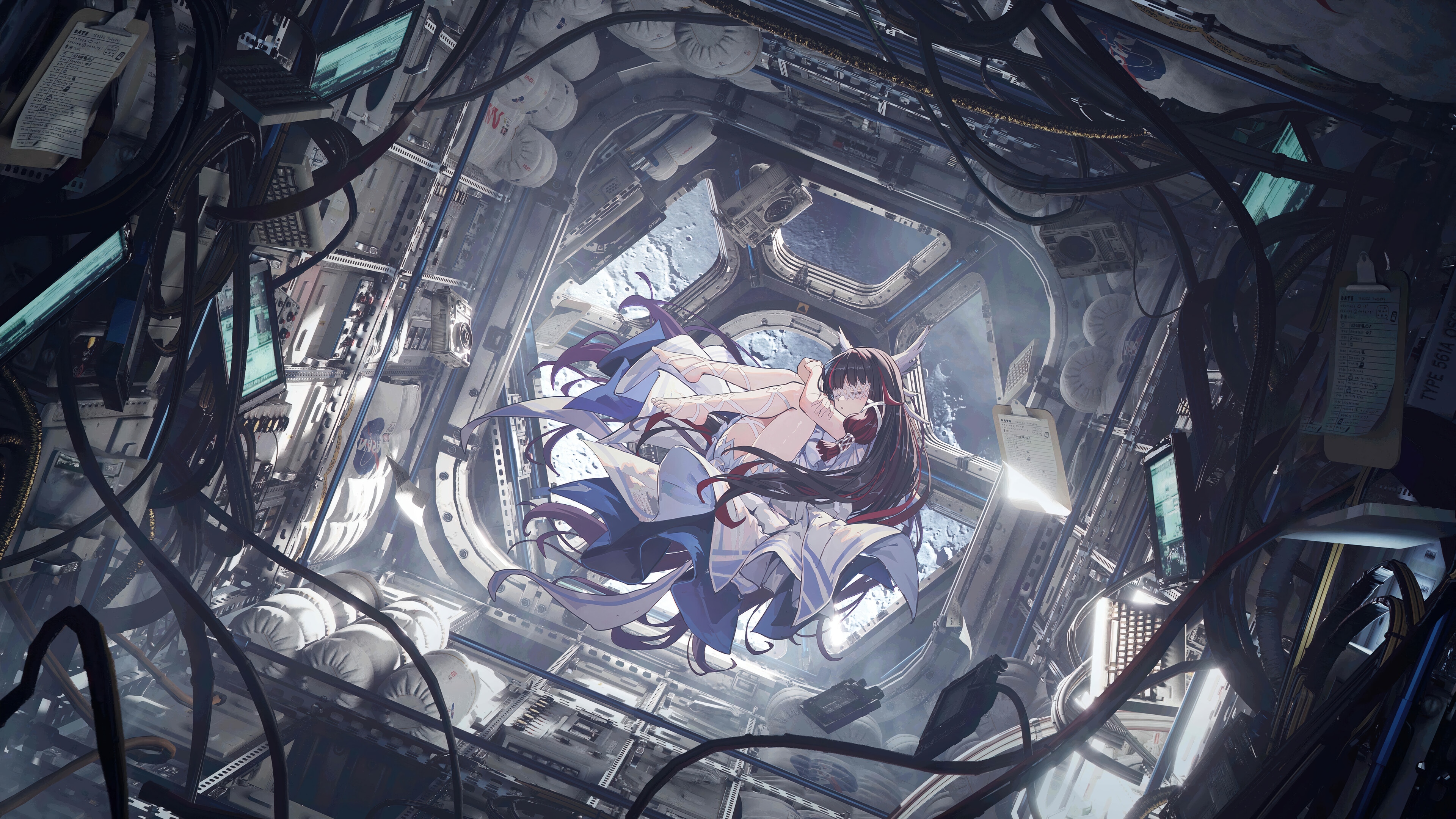 Columbina in a space station window HD Wallpaper