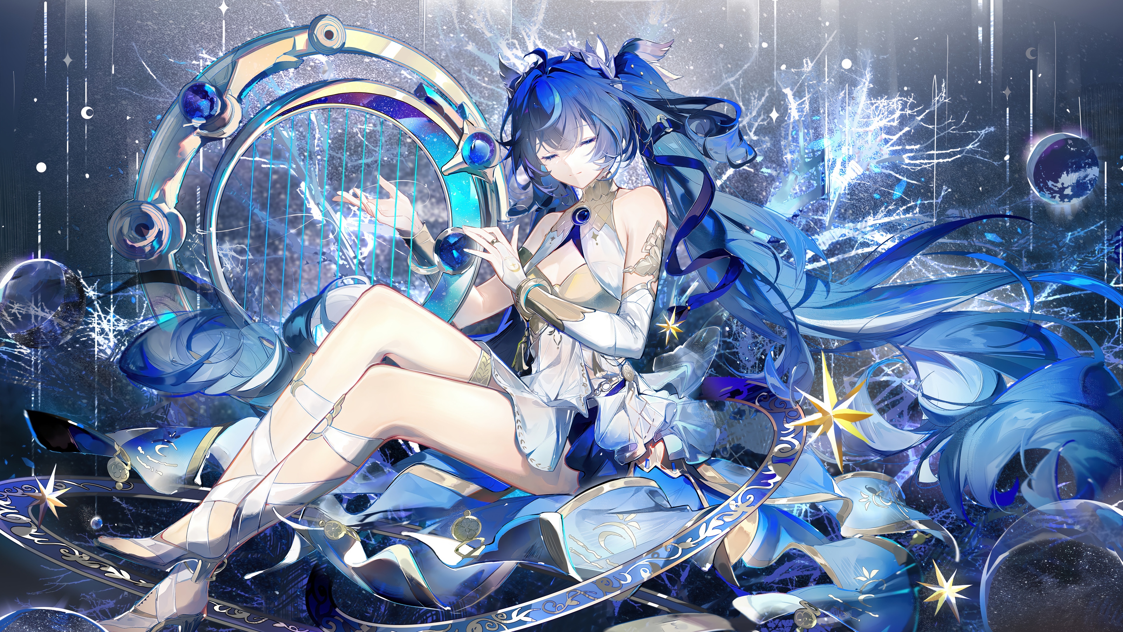 Iuno from Wuthering Waves playing a harp HD Wallpaper