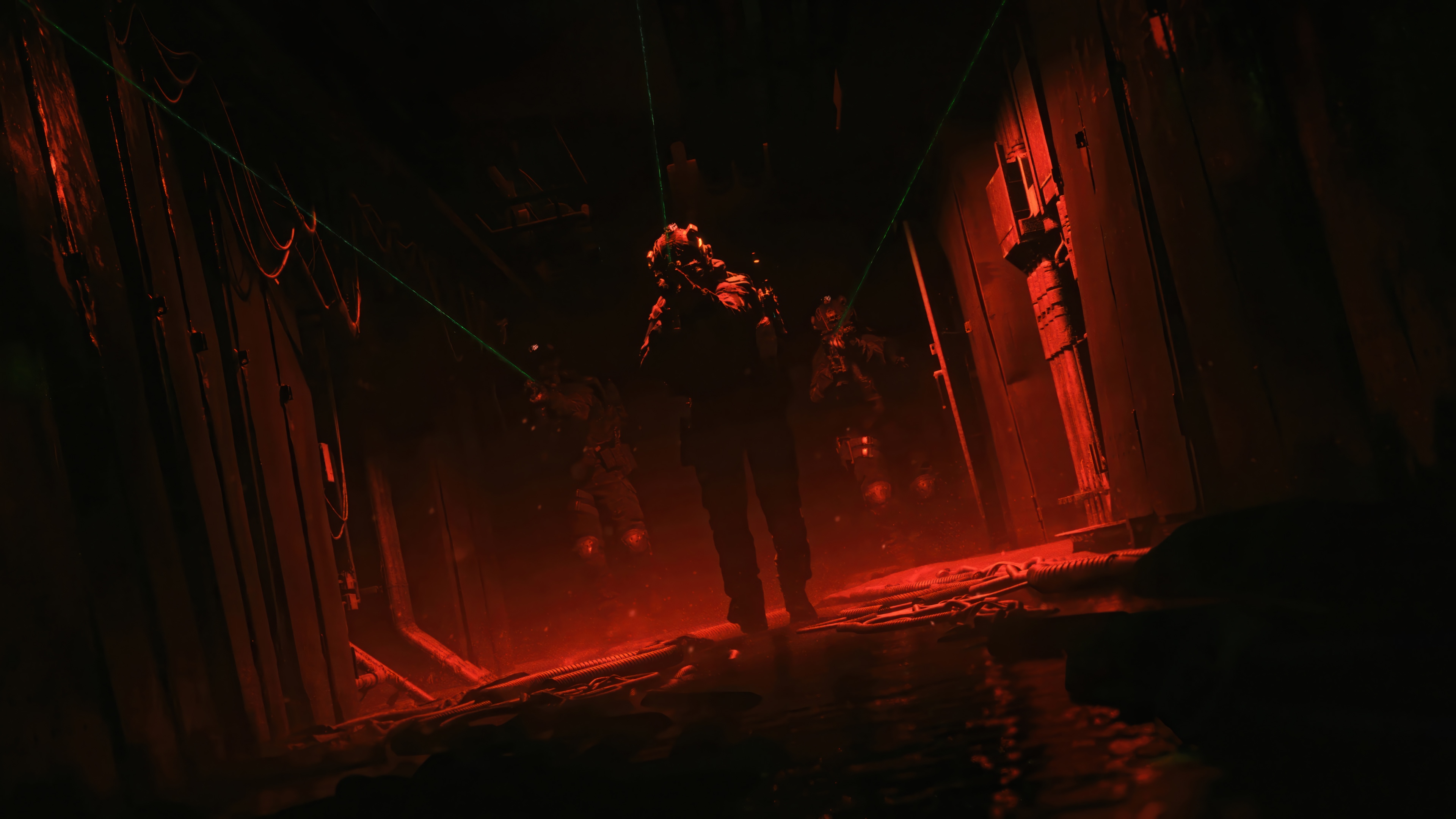 Soldiers in a dark, red-lit corridor with lasers HD Wallpaper