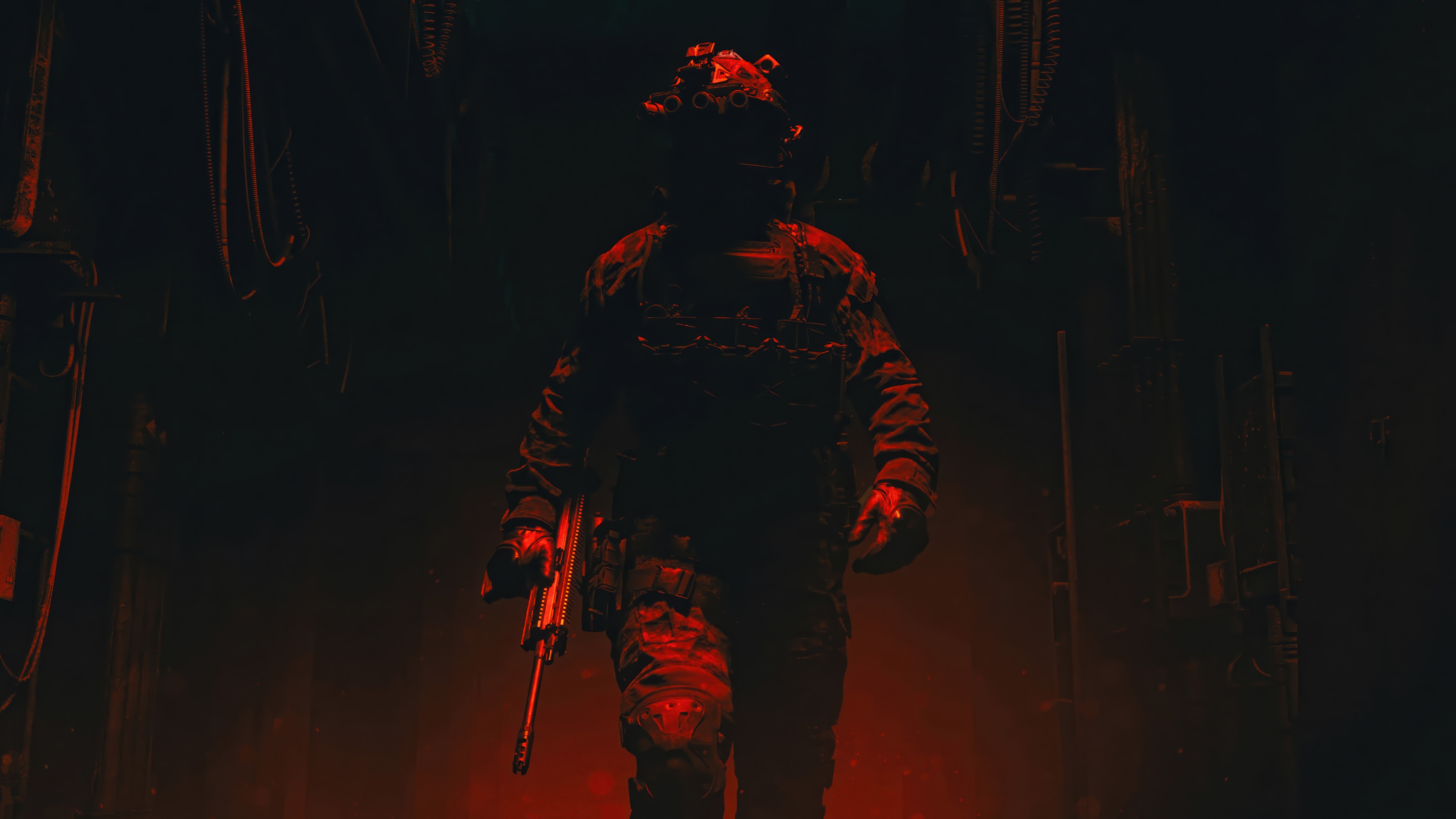Soldier with rifle in dark room HD Wallpaper