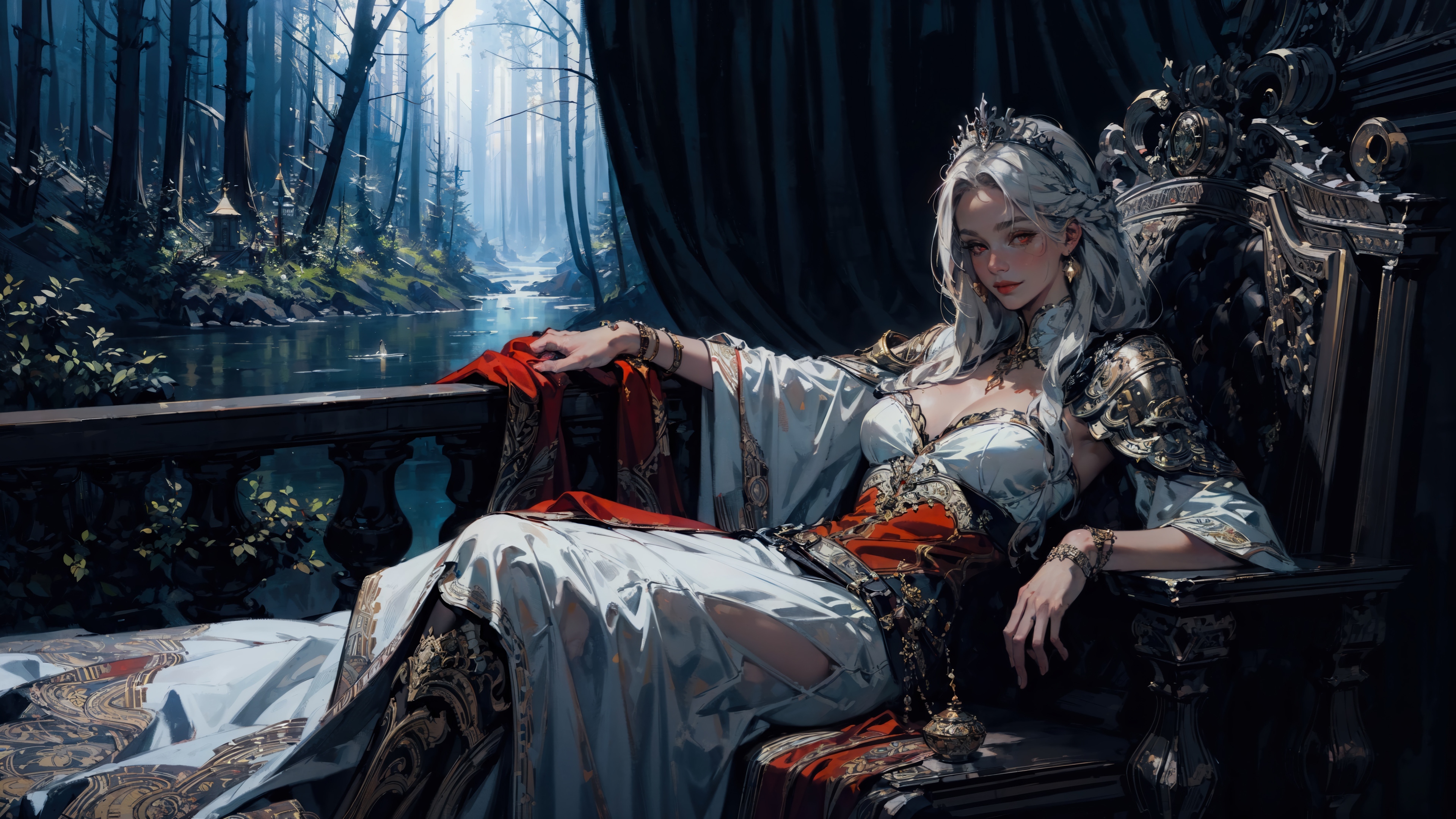 Fantasy Queen with White Hair in a Forest Setting 4K HD Wallpaper