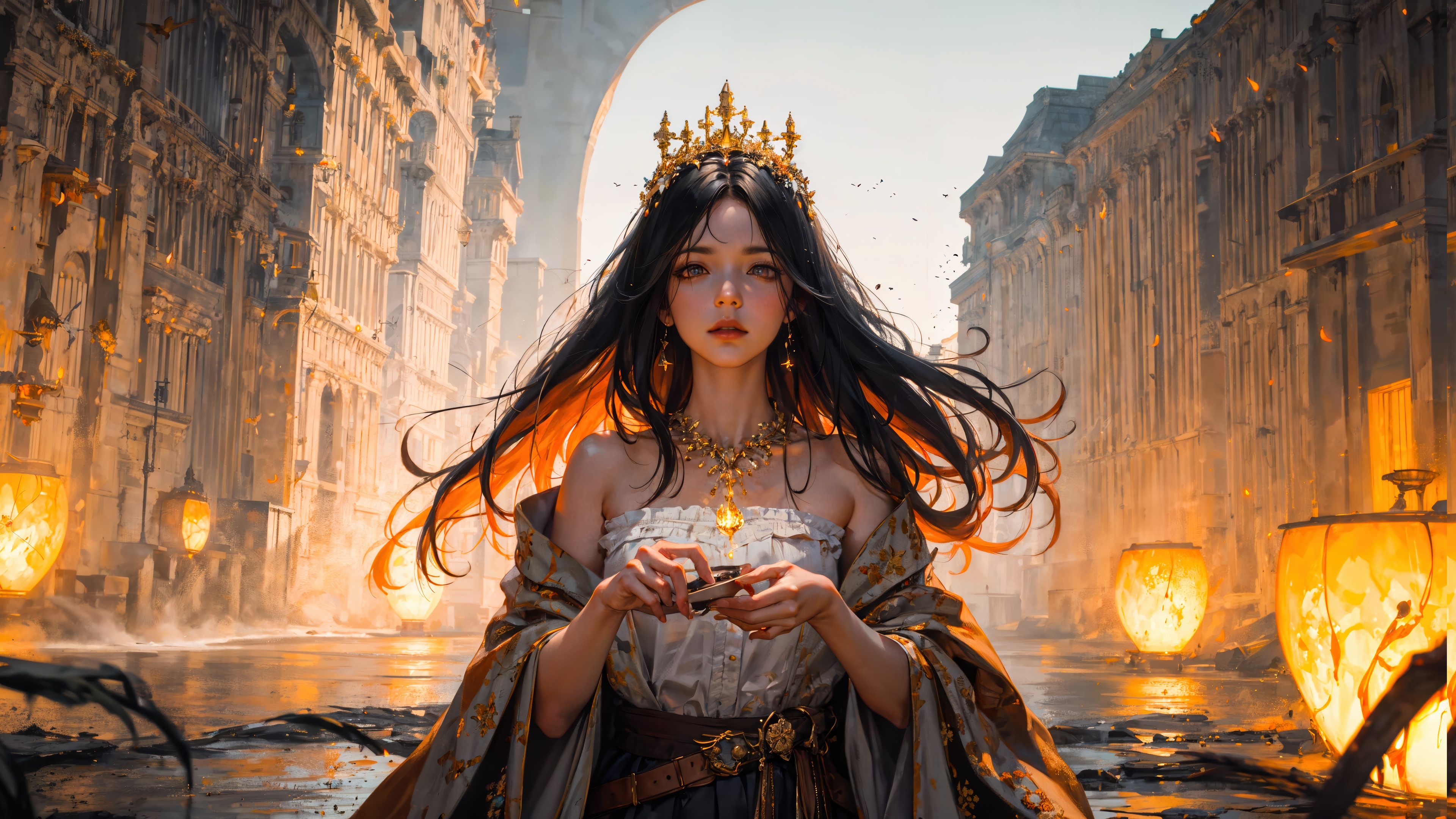 Fantasy Princess with Crown in Ancient City 4K HD Wallpaper