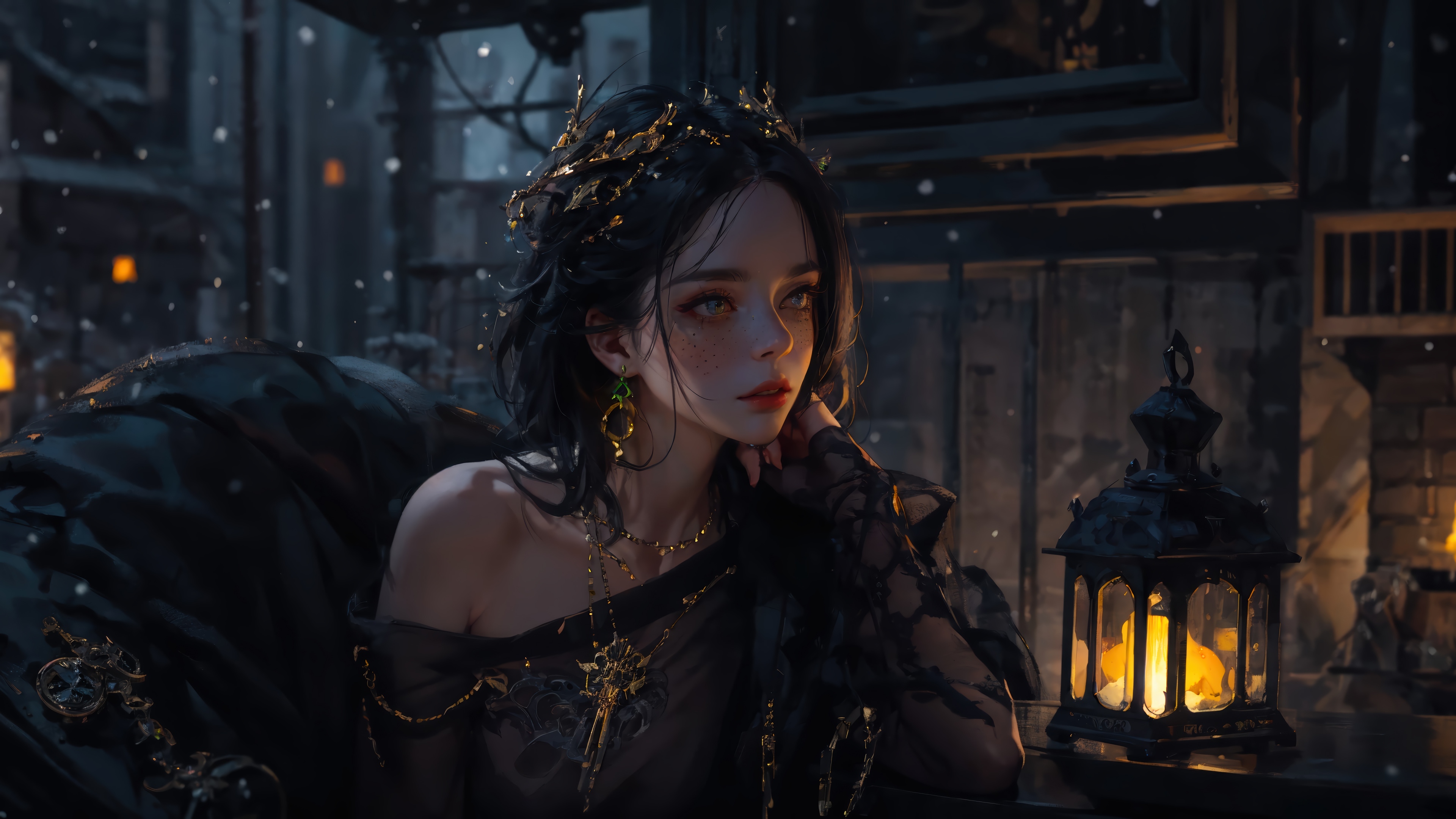 Fantasy Princess with Golden Crown in Snow HD Wallpaper