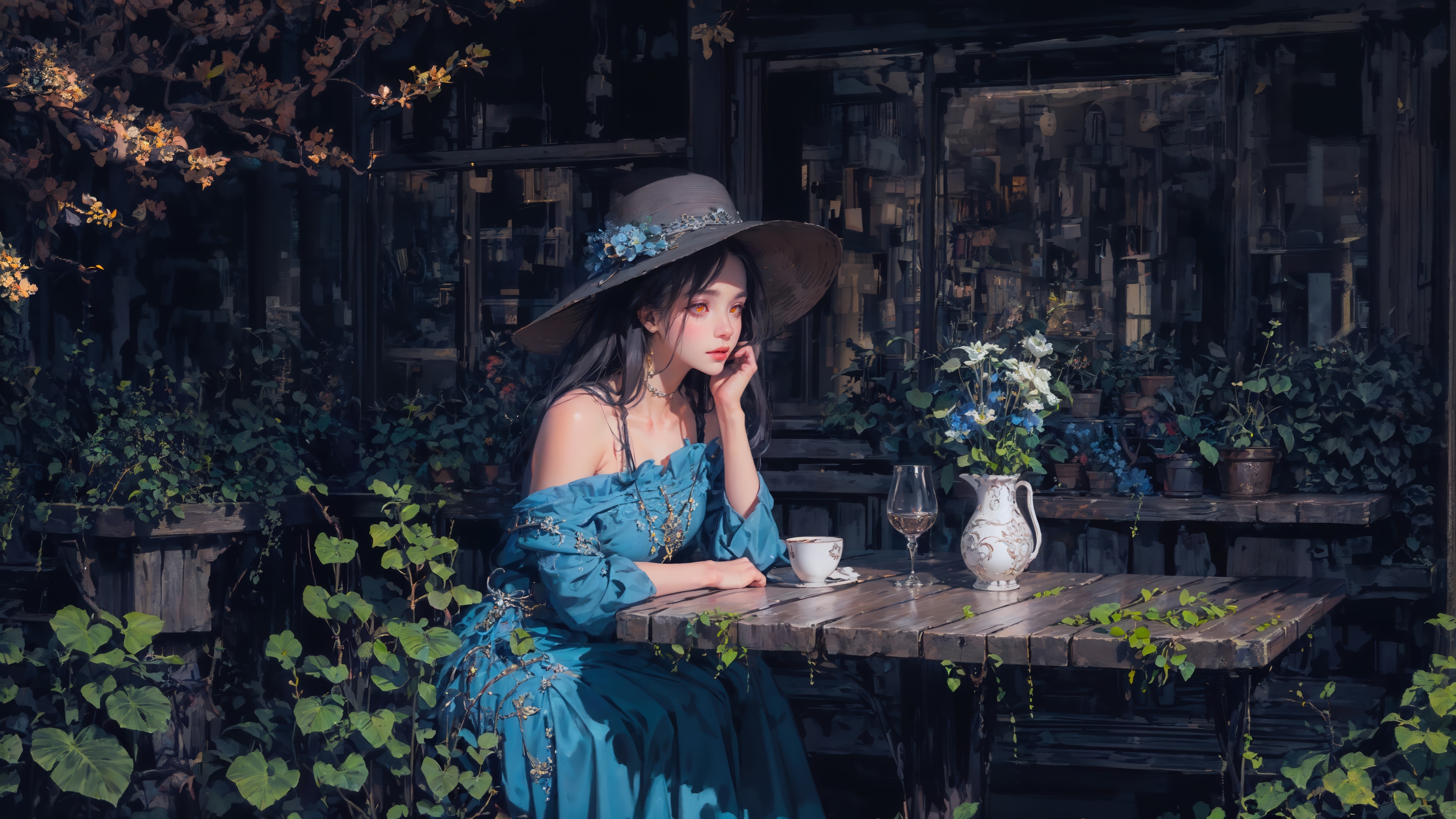 Girl in a blue dress and hat at a cafe HD Wallpaper