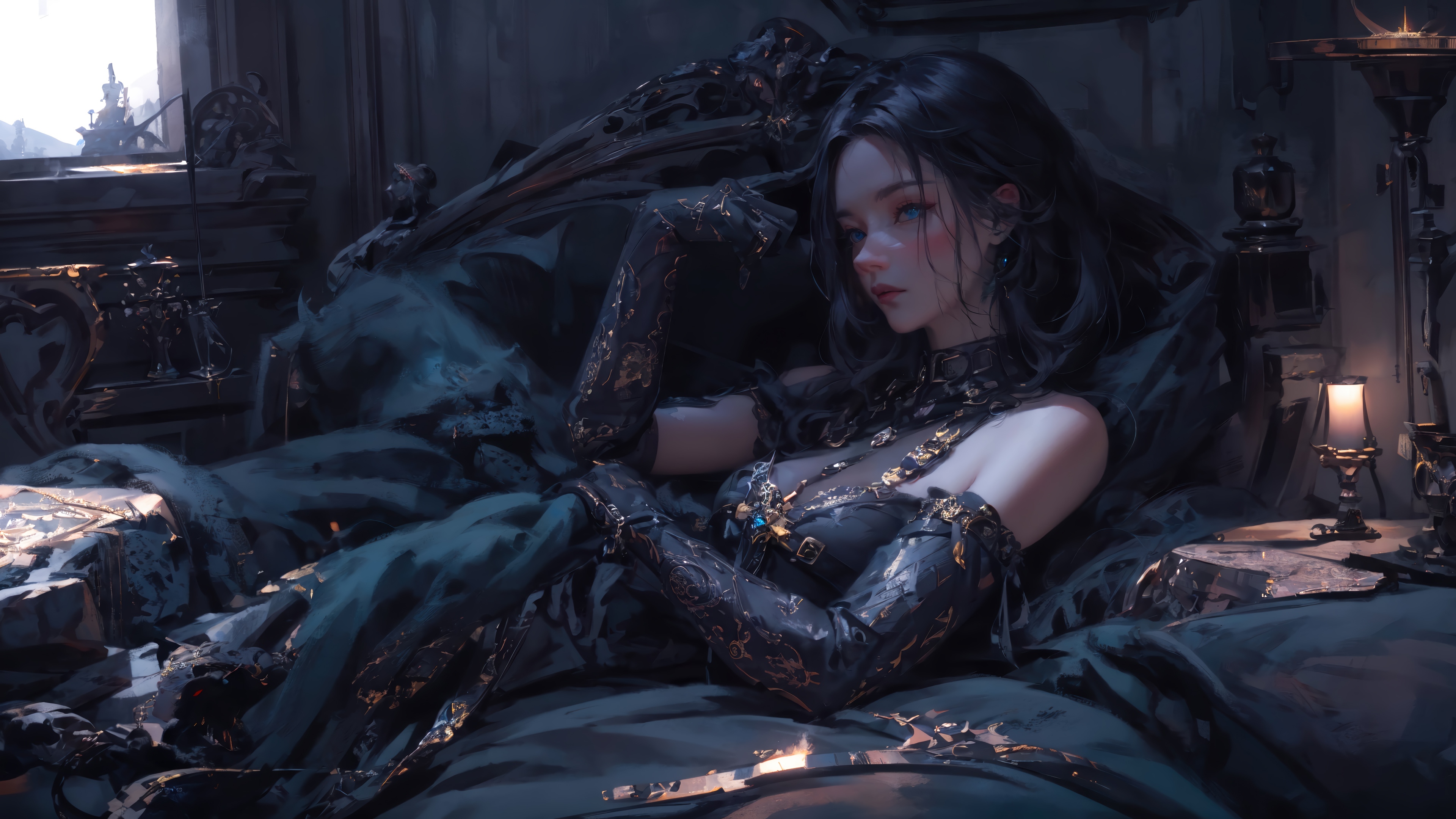 Fantasy girl in a dark bedroom 4K HD Wallpaper
