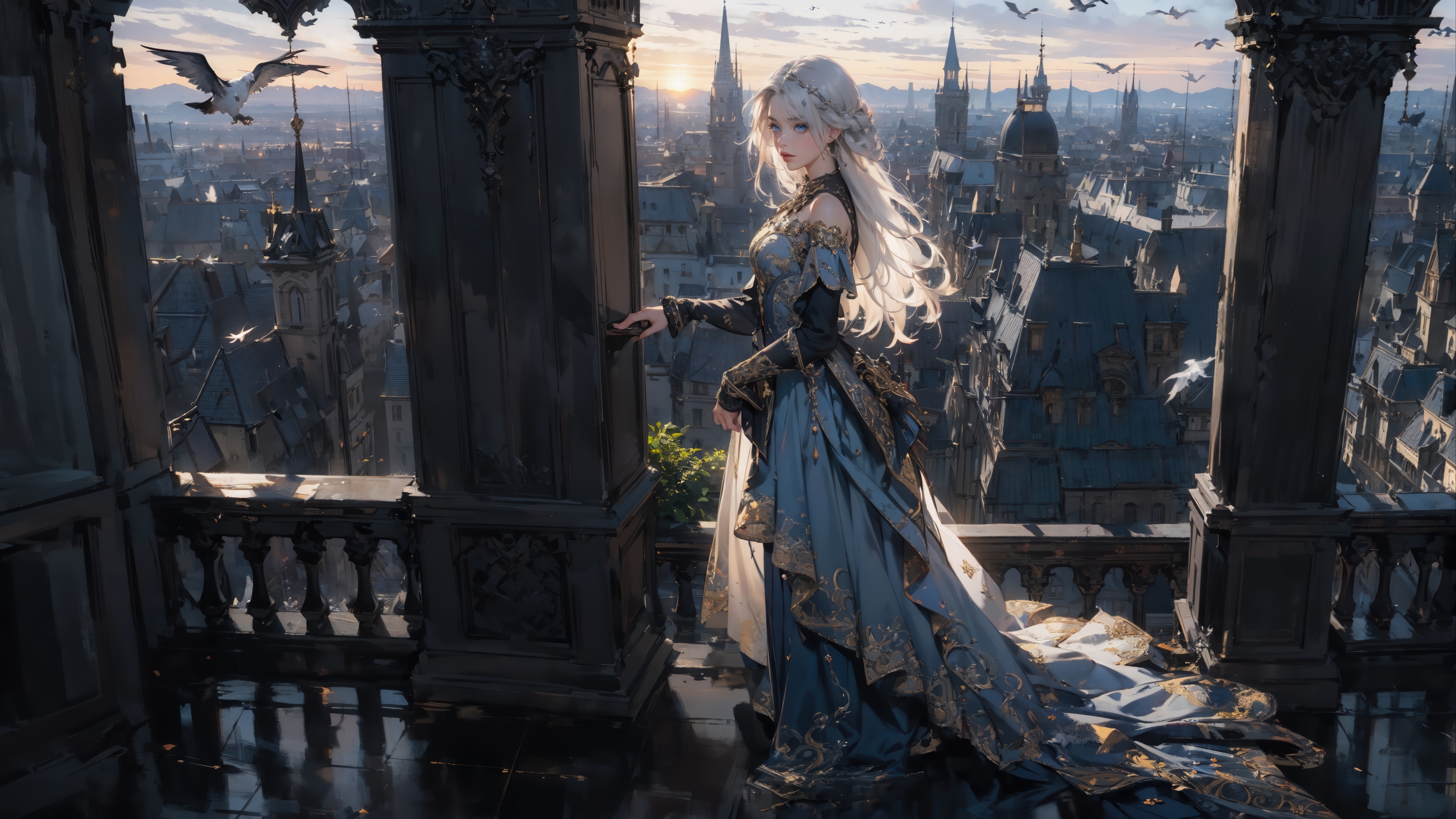 Fantasy Girl with White Hair in a City HD Wallpaper