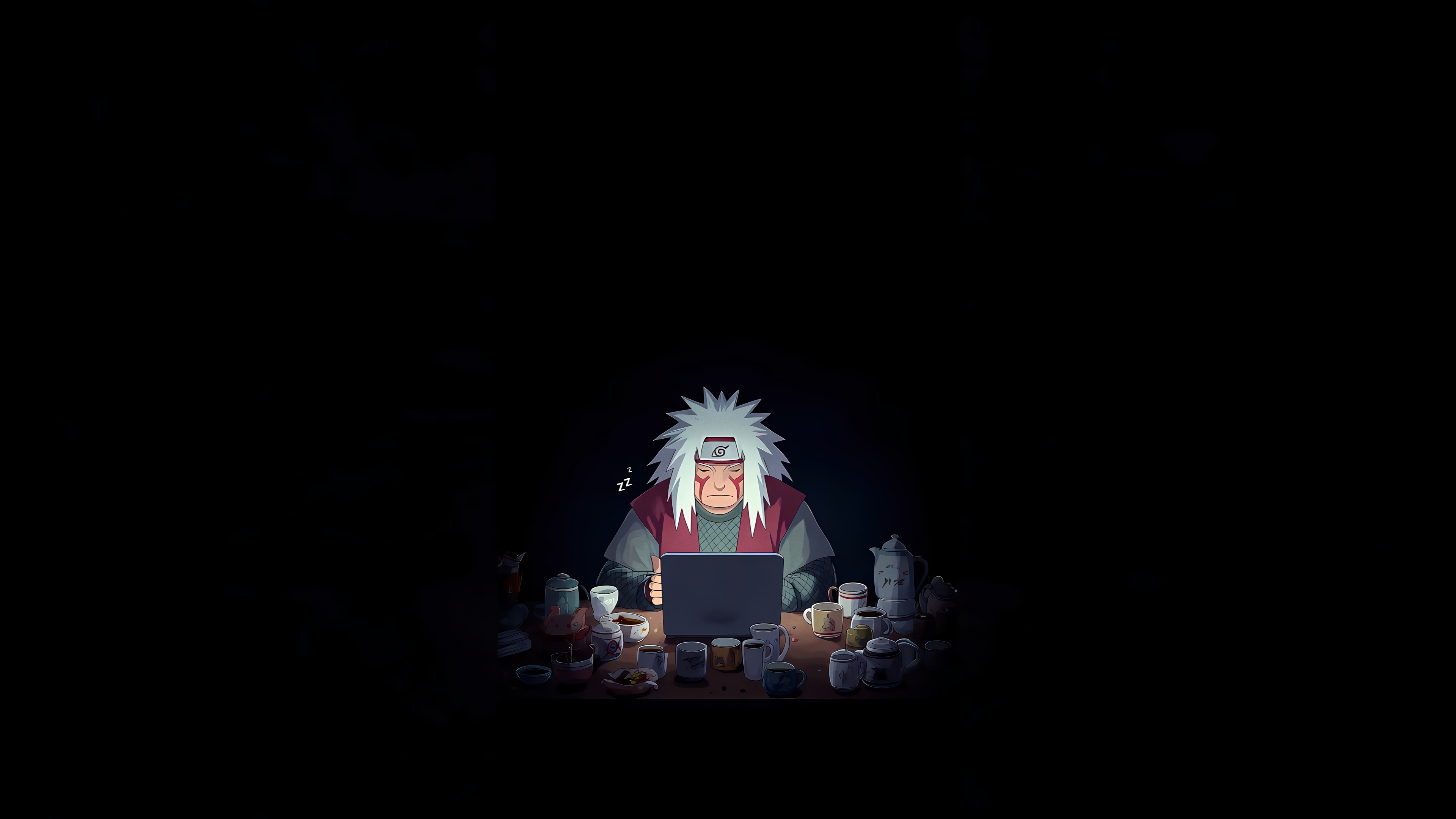 Jiraiya from Naruto using a laptop surrounded by cups HD Wallpaper