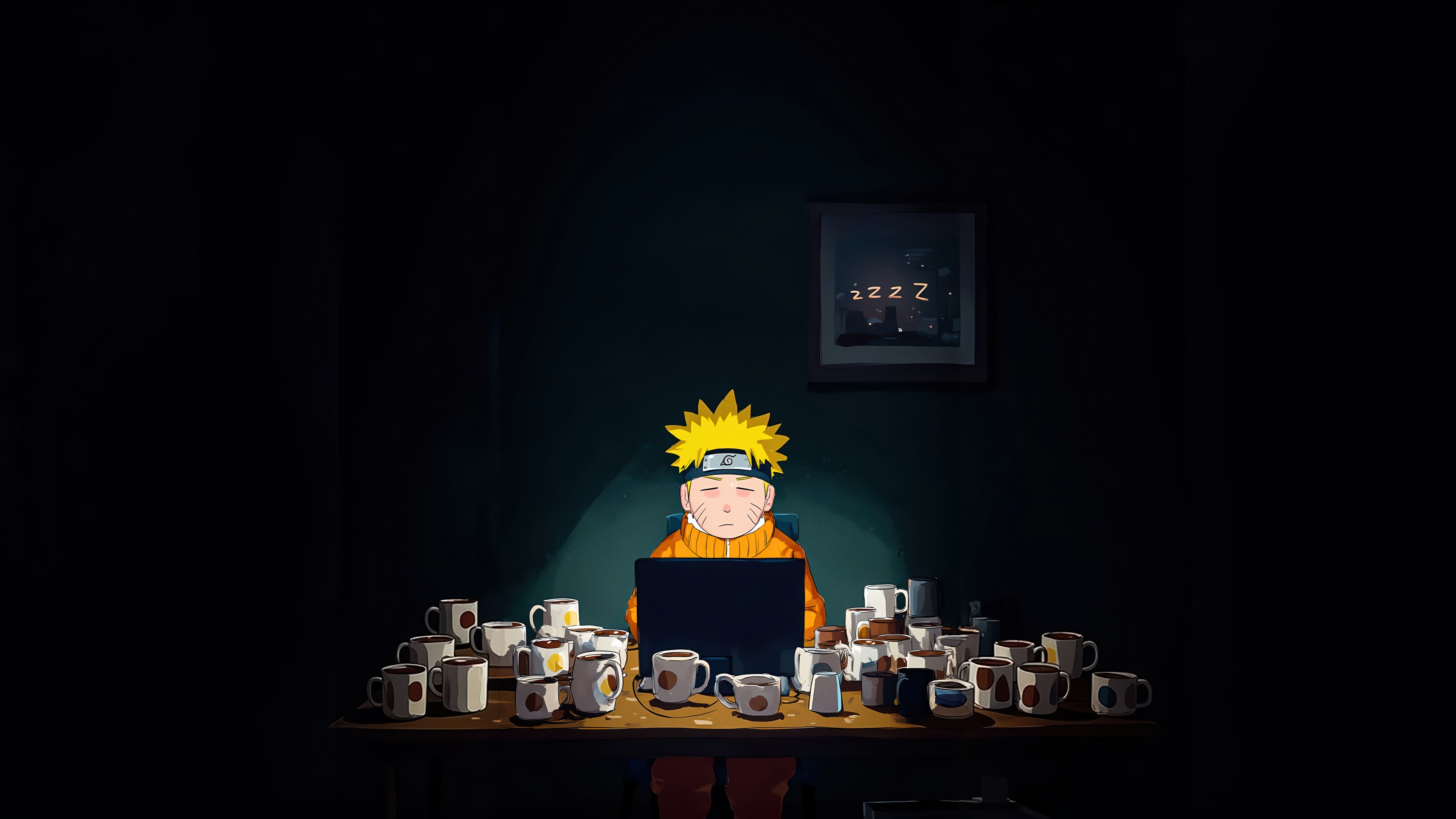 Naruto Uzumaki surrounded by coffee cups, sleepy HD Wallpaper