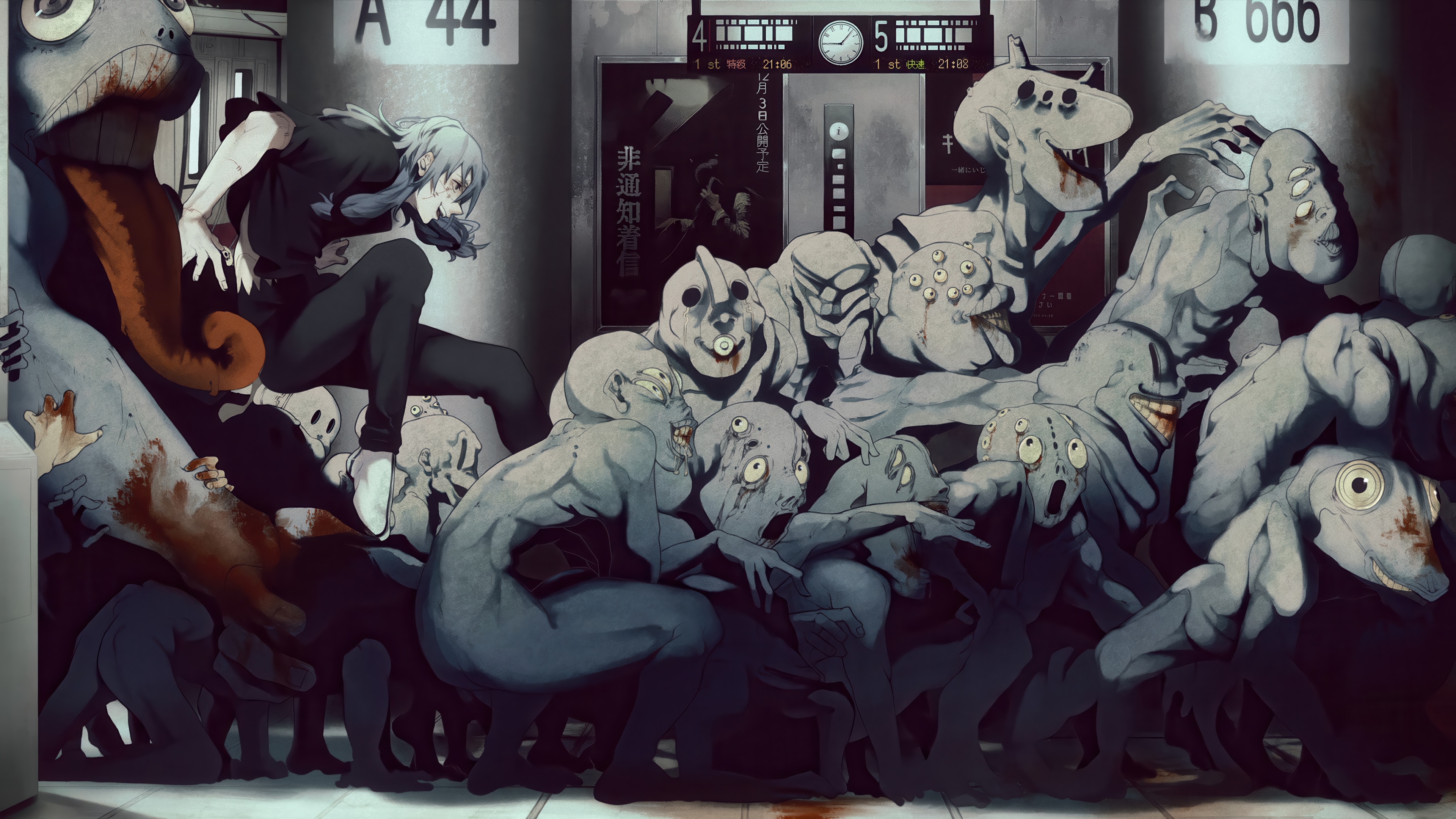 Mahito and cursed spirits in a subway HD Wallpaper