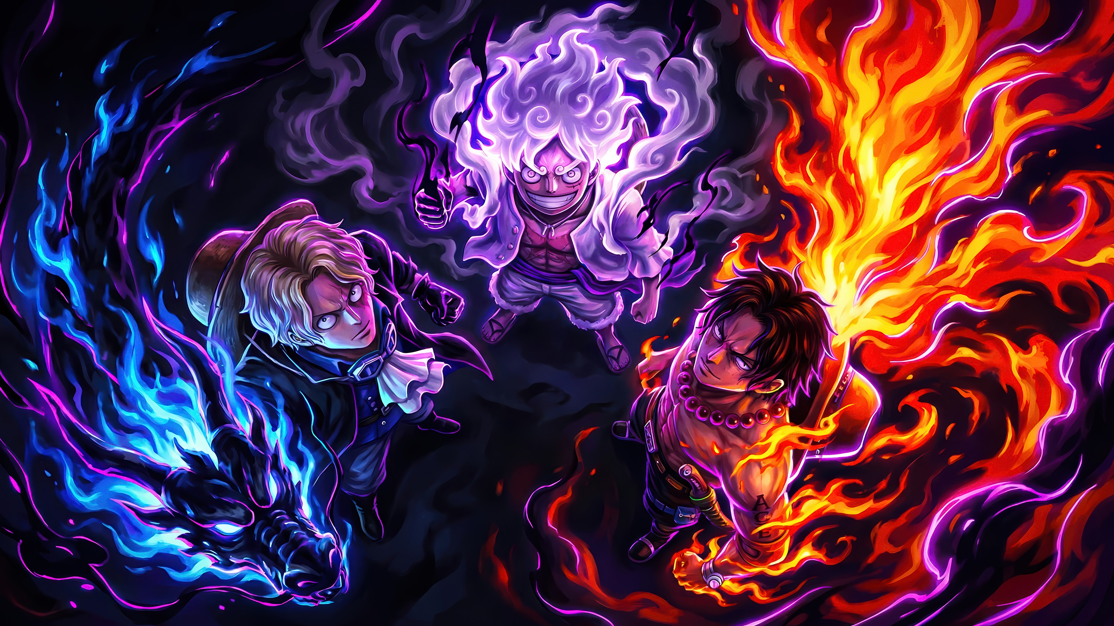 One Piece: Luffy, Sabo, and Ace with elemental powers HD Wallpaper