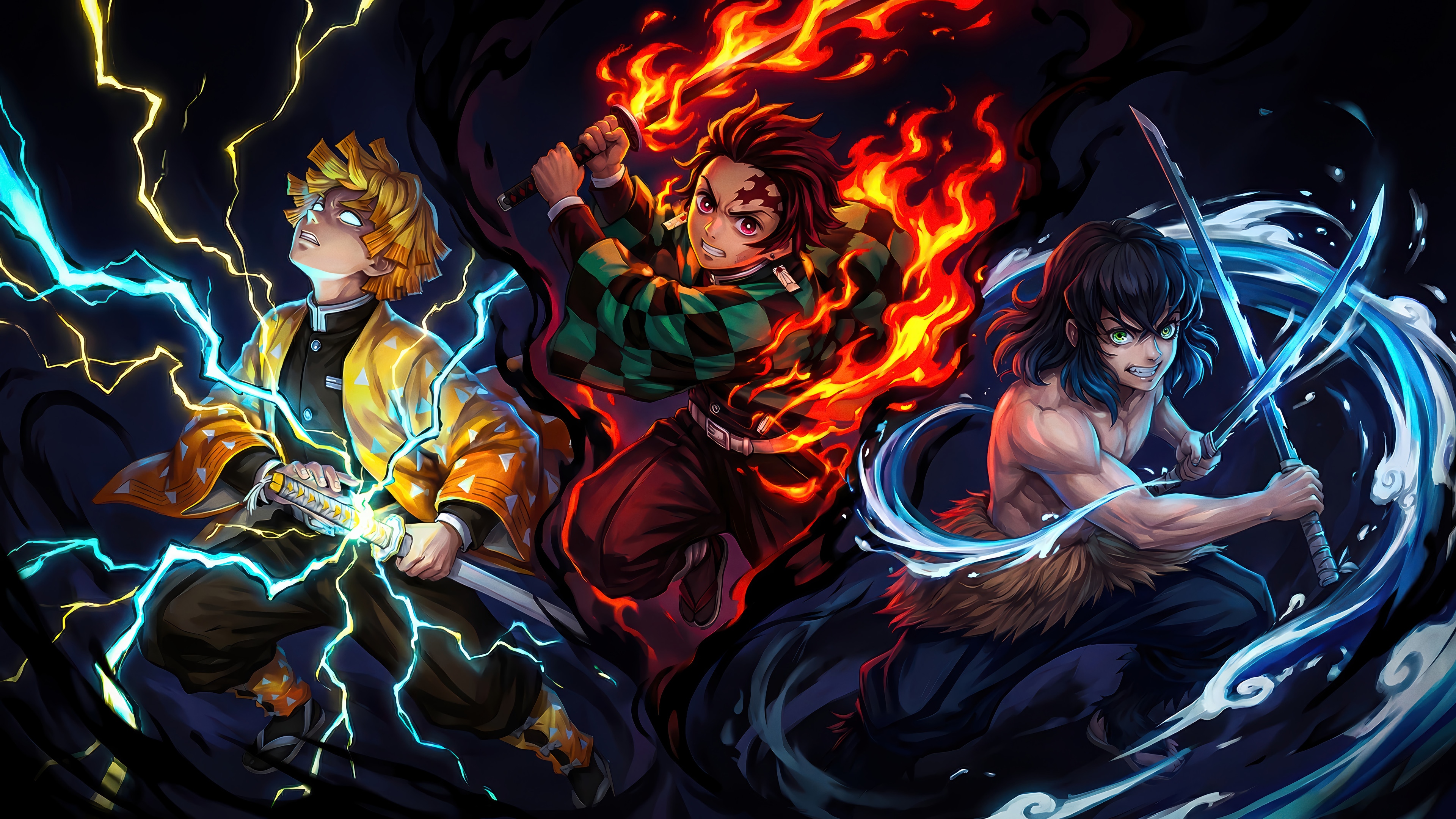Demon Slayer: Tanjiro, Zenitsu, and Inosuke 4K HD Wallpaper