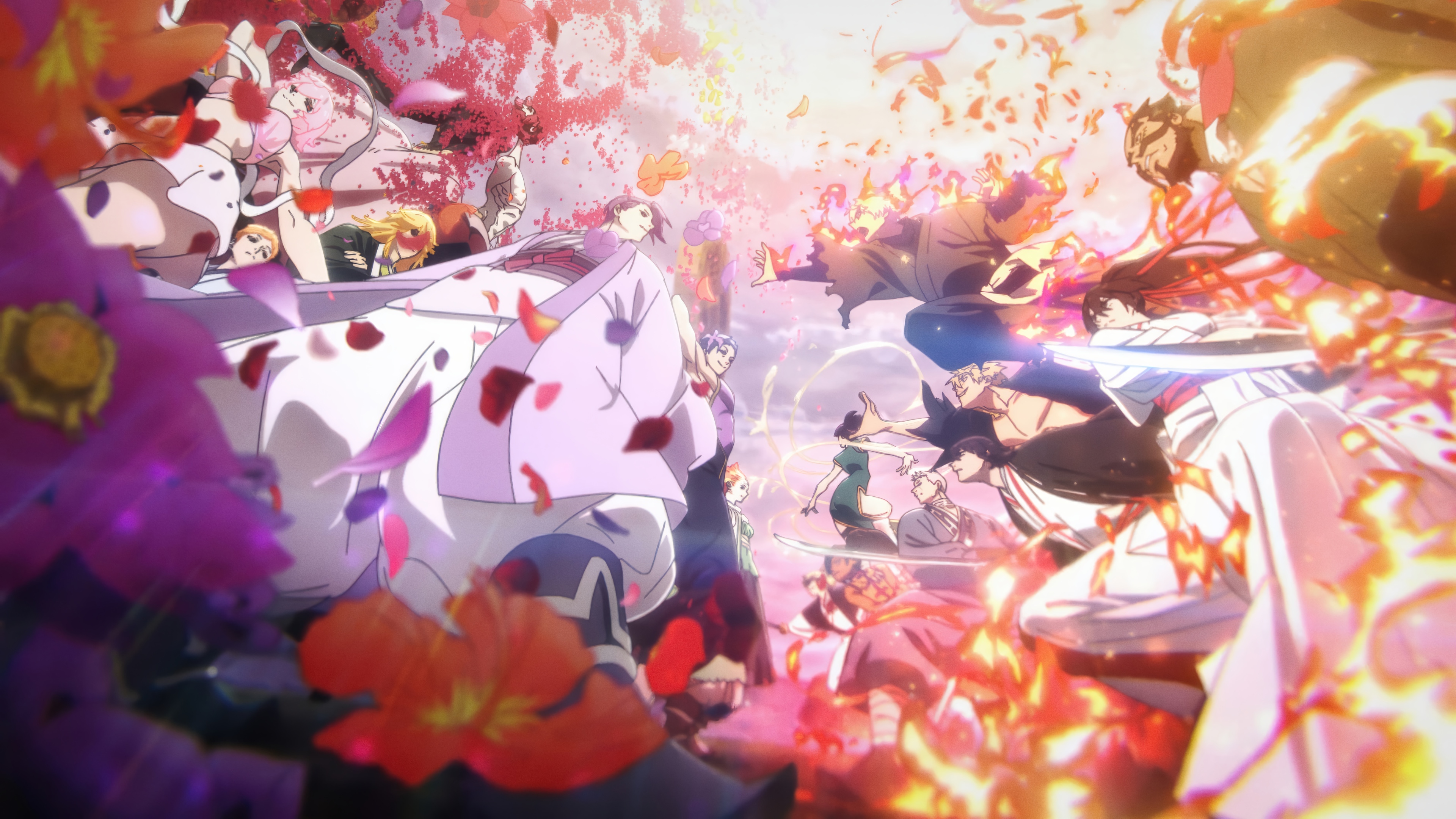 Anime characters in a chaotic battle with flowers and fire HD Wallpaper