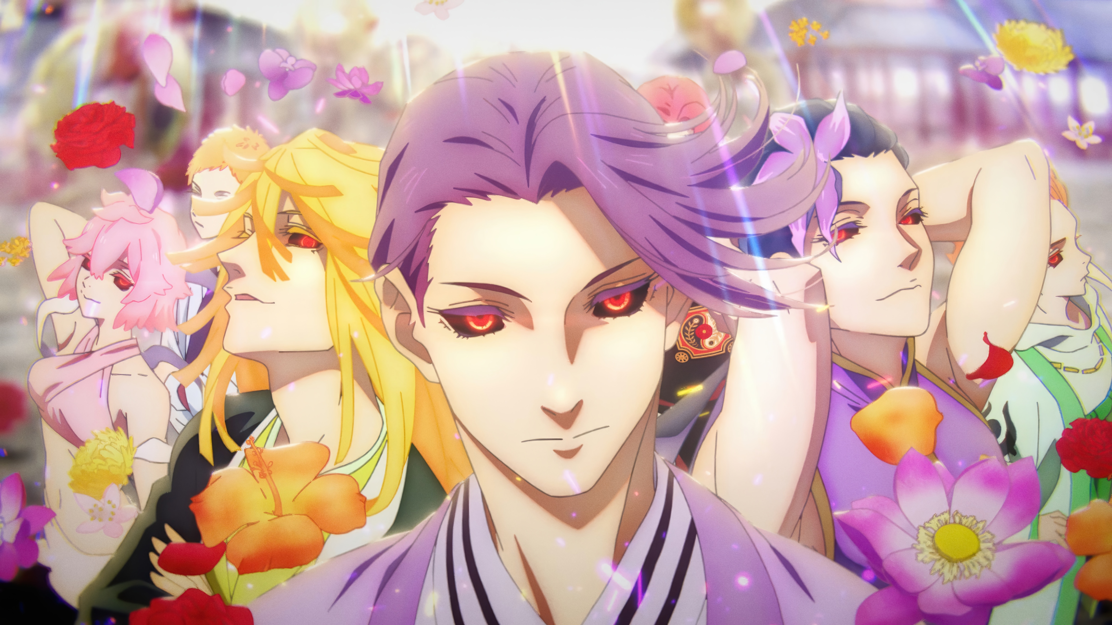 Anime characters with purple and blonde hair surrounded by flowers HD Wallpaper