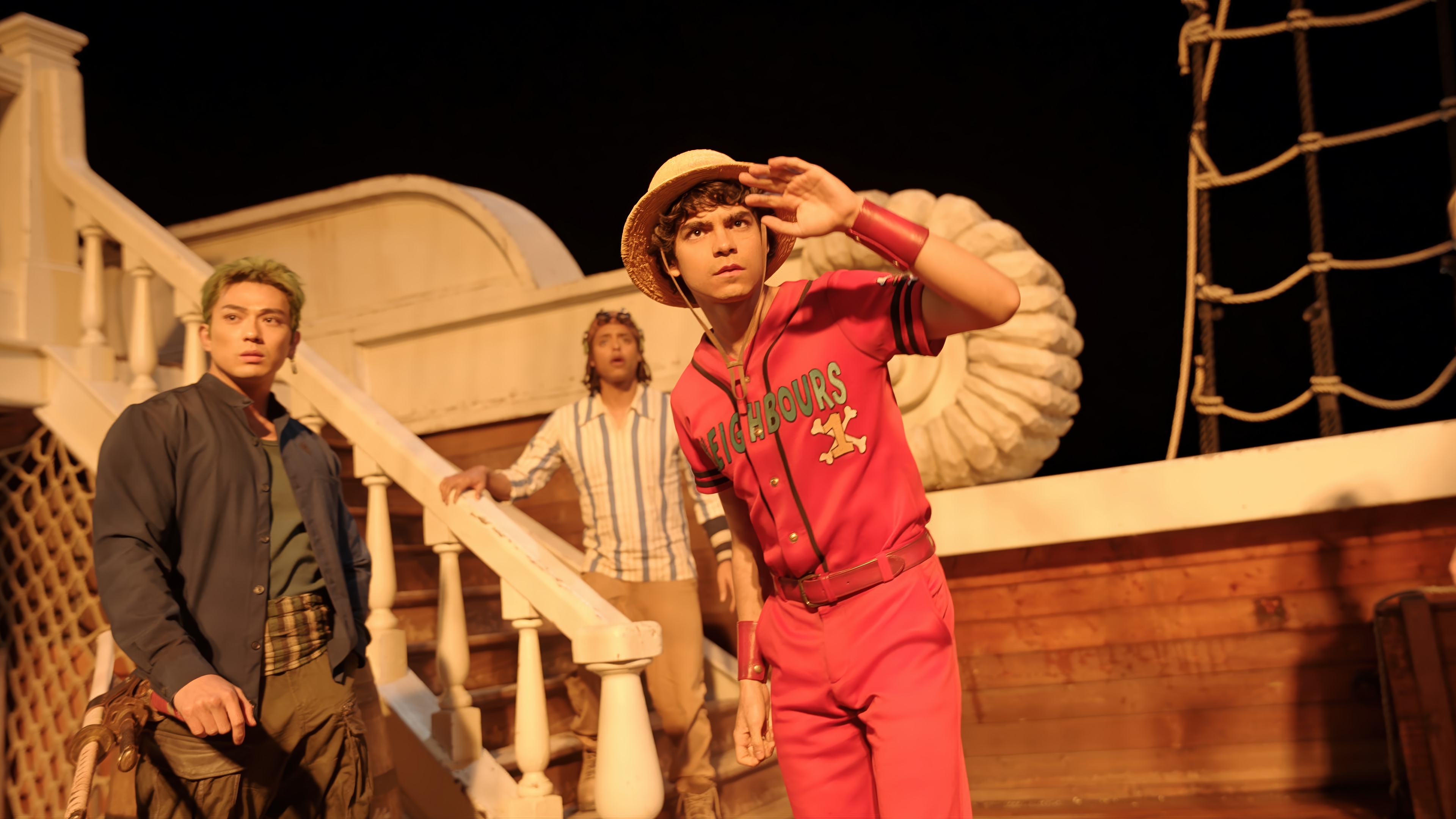One Piece Live Action: Monkey D. Luffy, Roronoa Zoro, and Usopp on a Ship HD Wallpaper