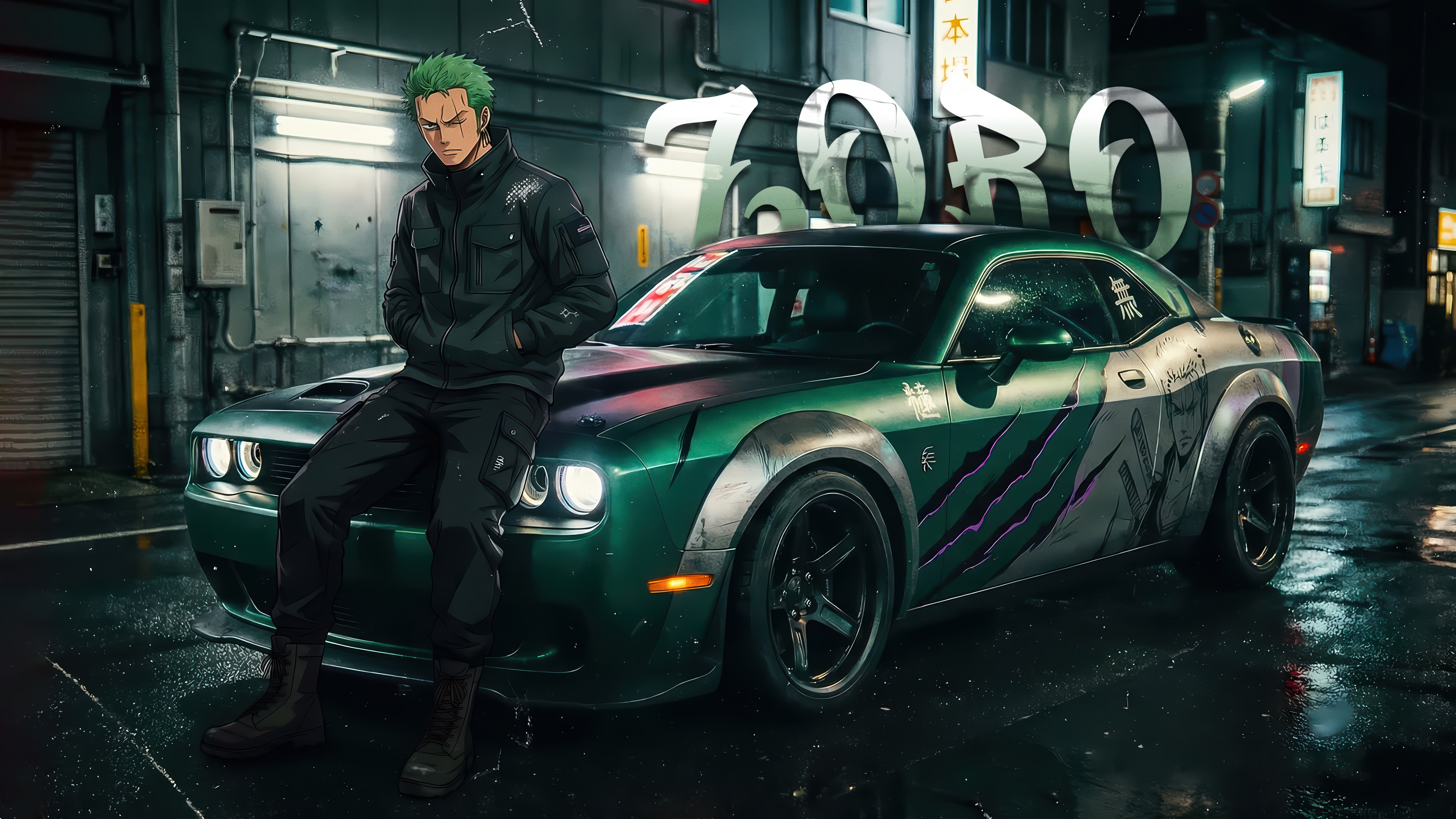 Roronoa Zoro and a custom Dodge Challenger HD Wallpaper