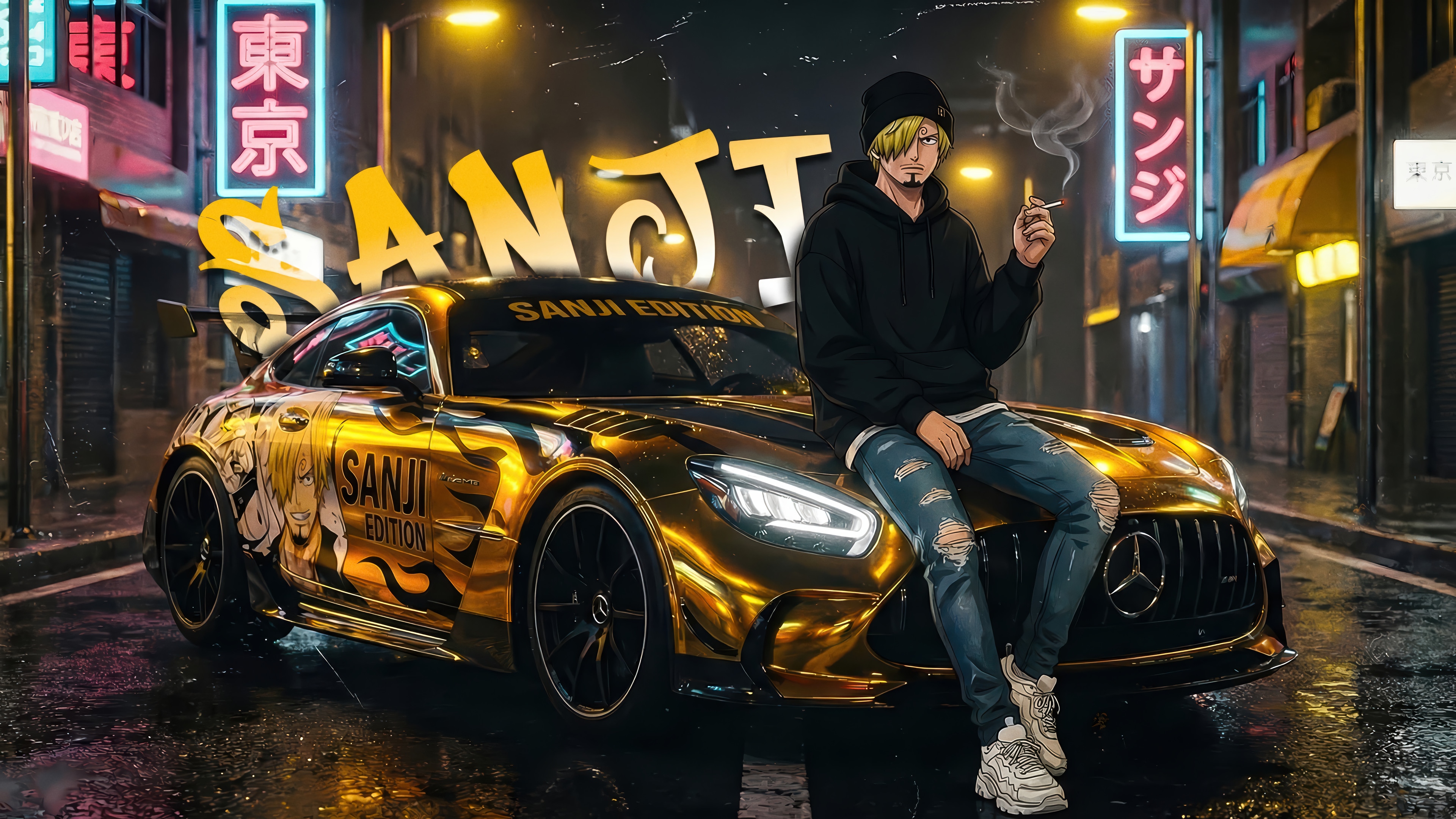 Sanji from One Piece with a golden Mercedes-AMG GT HD Wallpaper