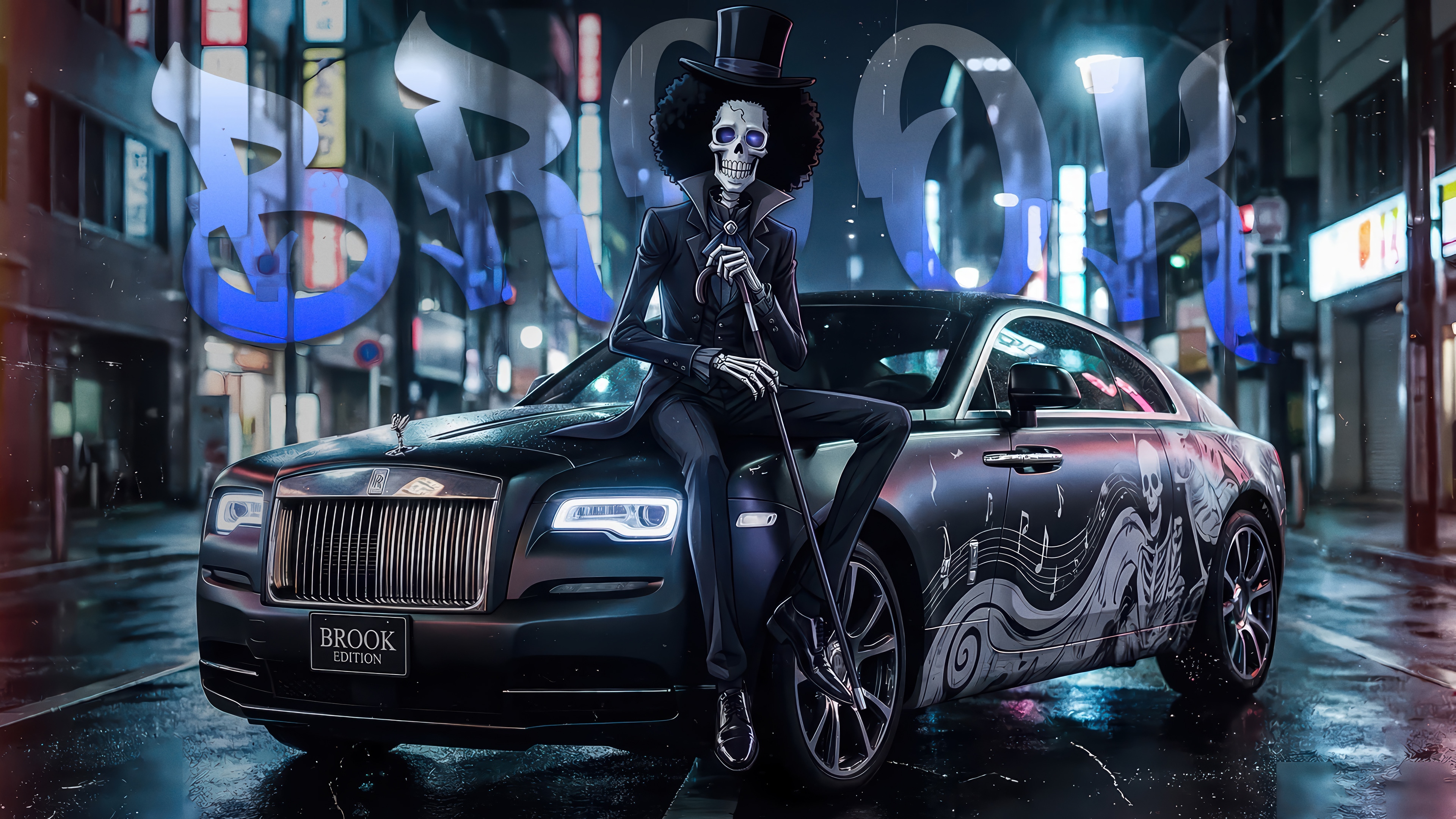 Brook from One Piece sitting on a Rolls-Royce car HD Wallpaper