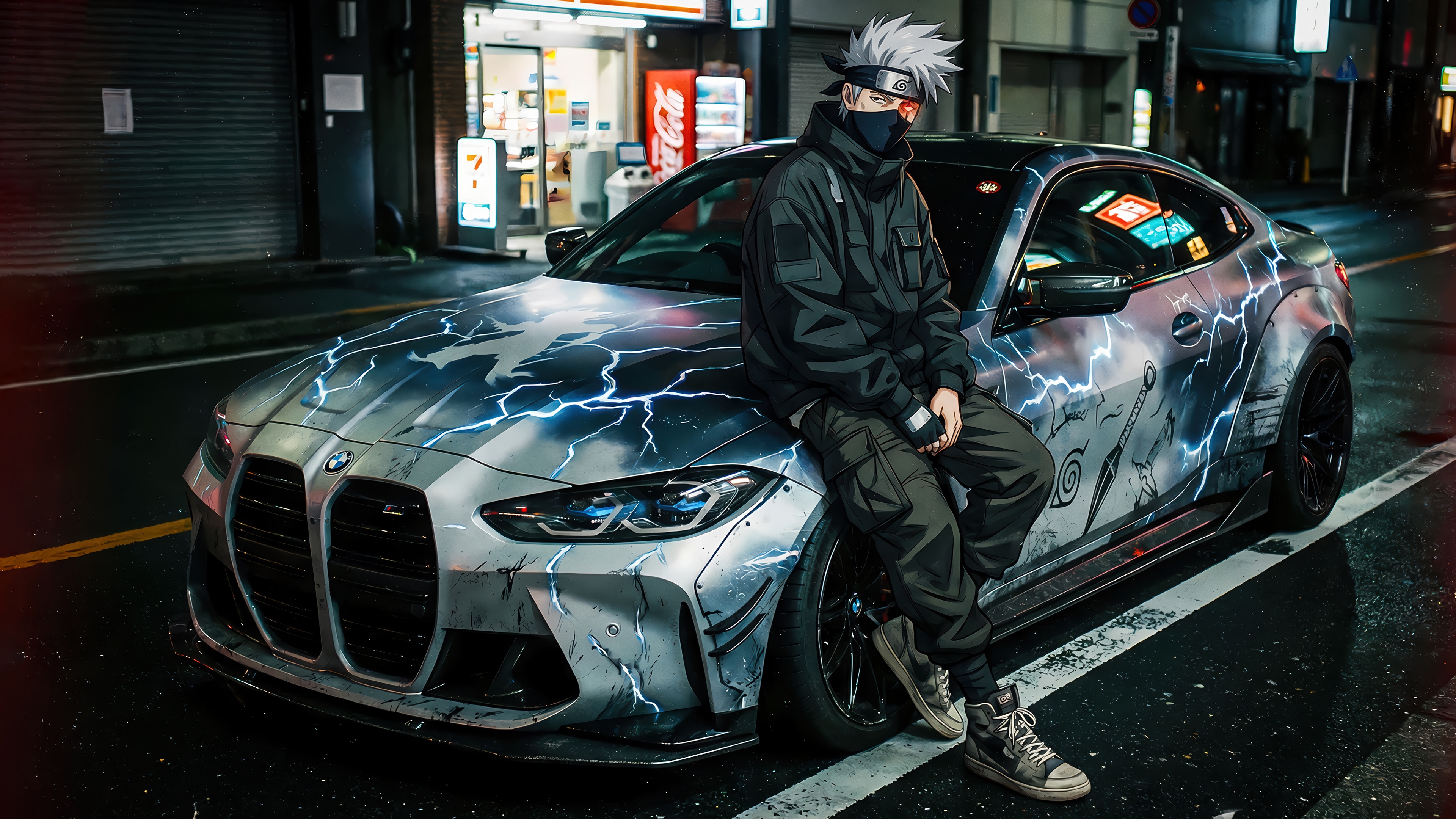 Kakashi Hatake on a BMW M4 with Naruto theme 4K HD Wallpaper