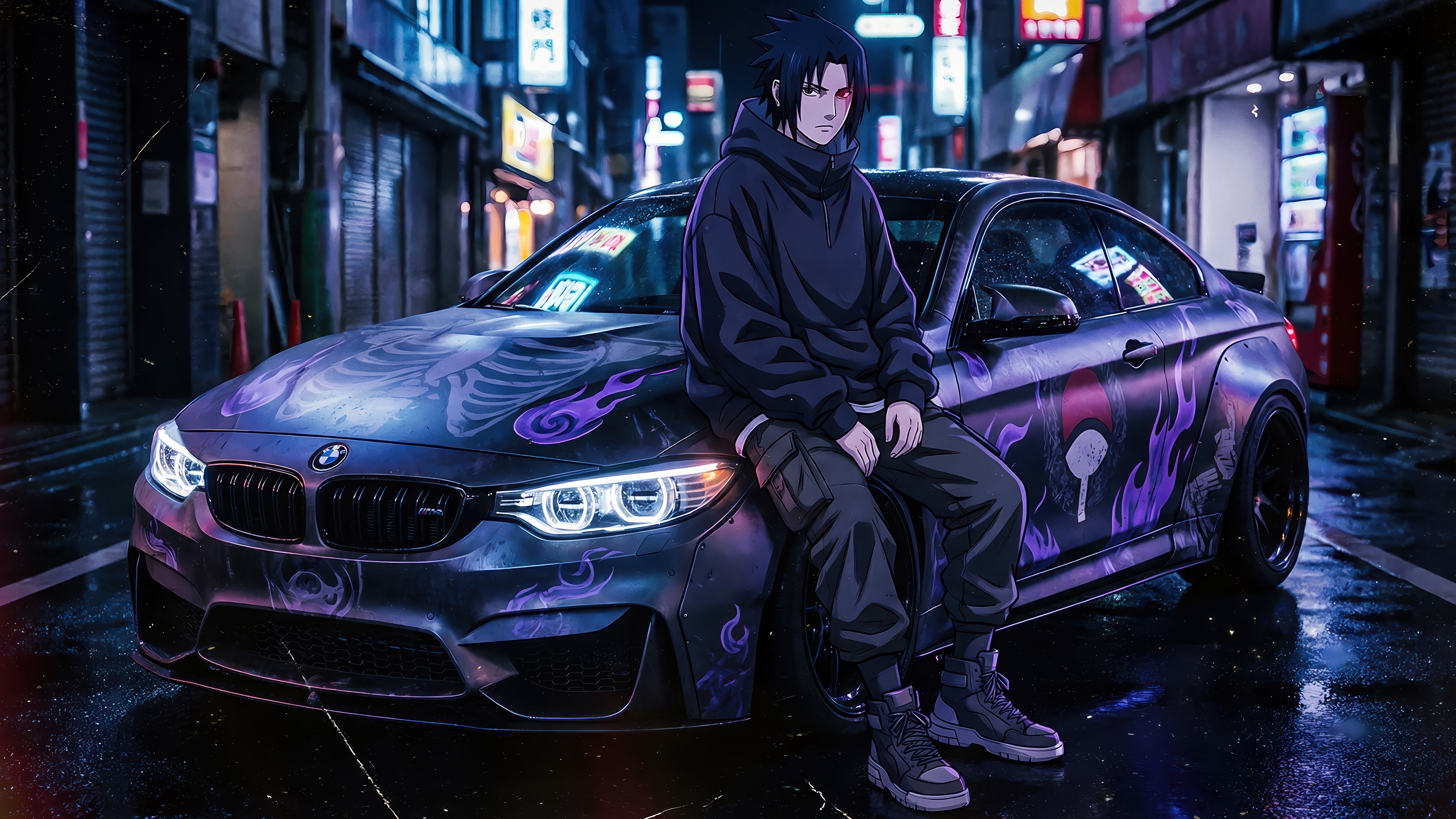 Sasuke Uchiha with a custom BMW M4 in a neon city HD Wallpaper