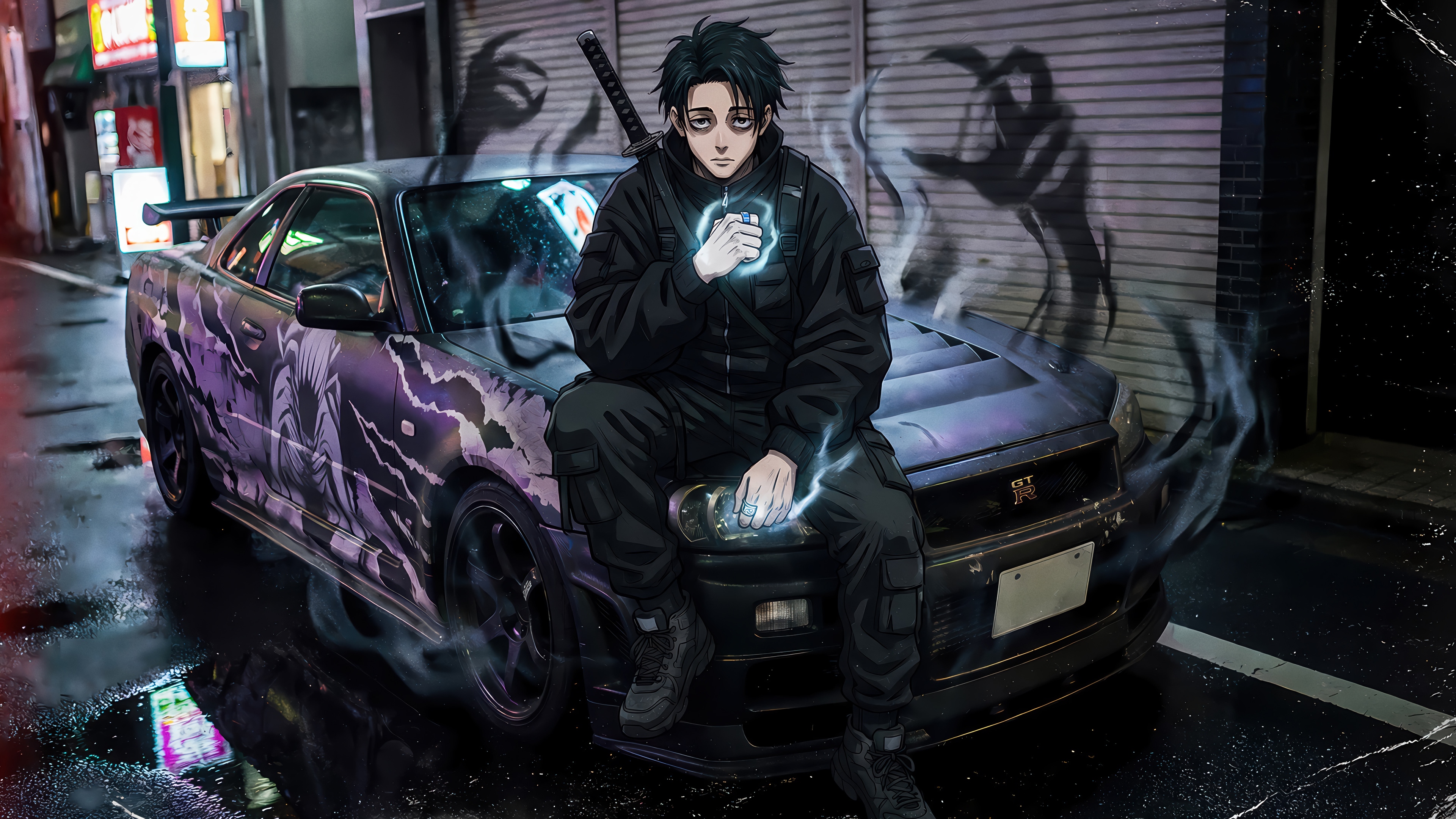 Yuta Okkotsu with a Nissan Skyline GT-R in 4K HD Wallpaper