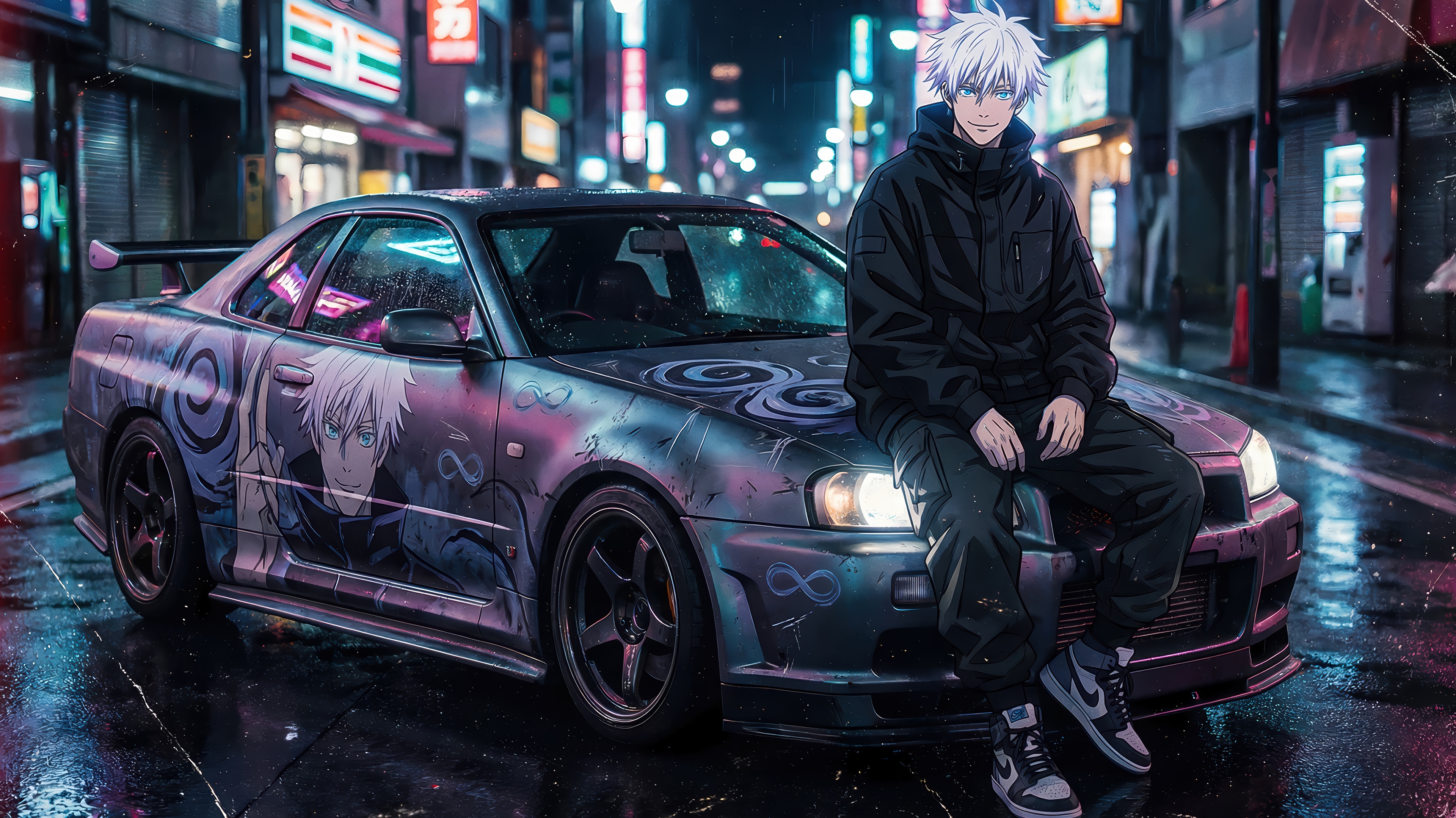 Satoru Gojo sitting on a custom car in 4K HD Wallpaper