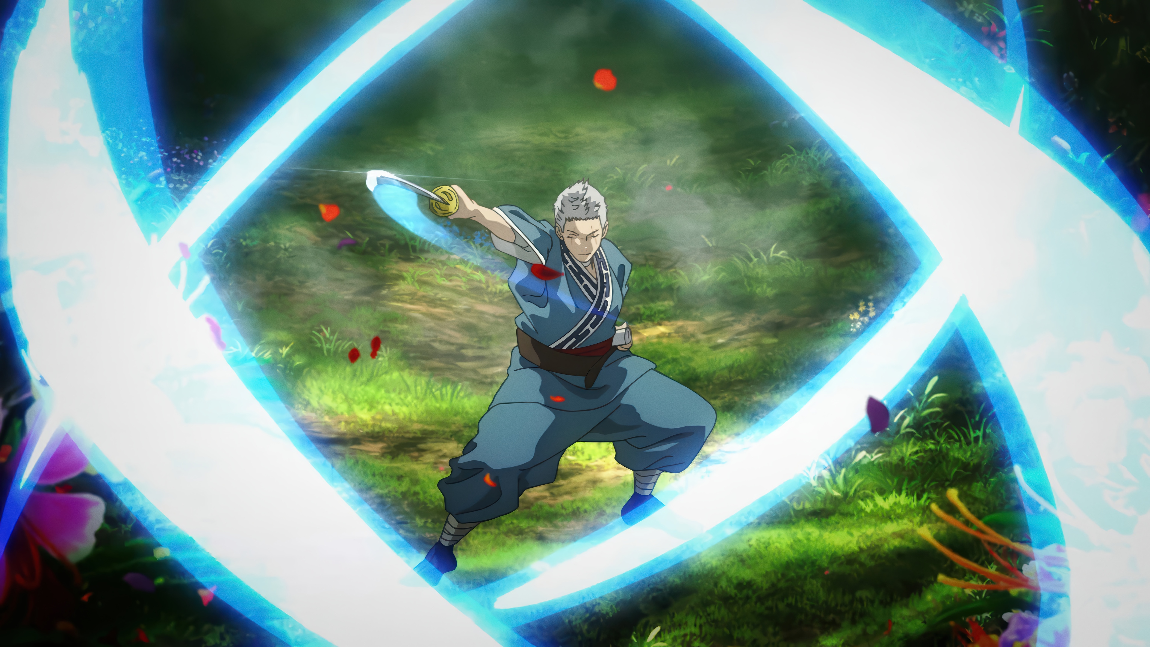 Anime character with glowing blue sword slashes HD Wallpaper