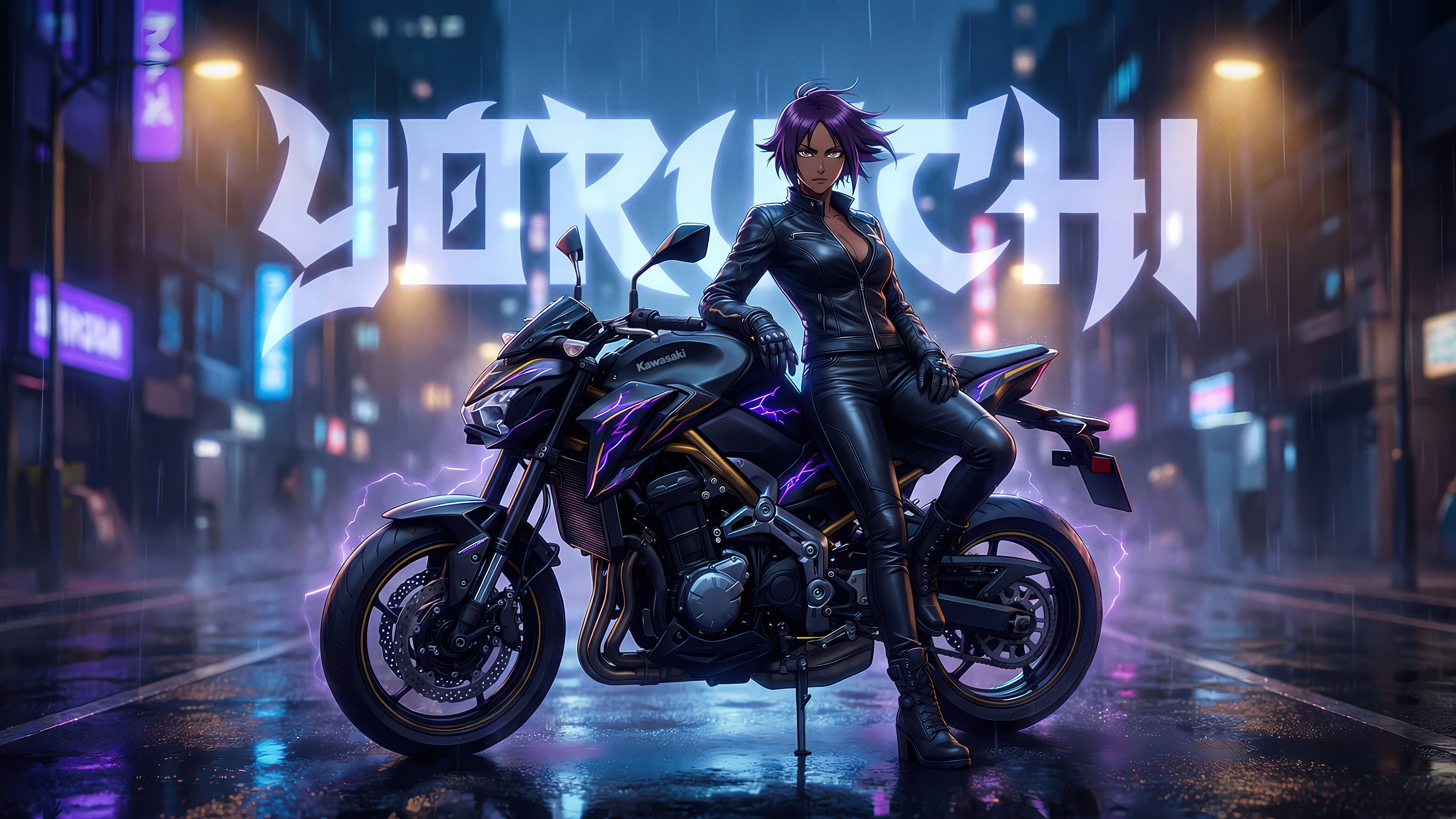 Yoruichi on a Motorcycle in a Rainy City 4K HD Wallpaper