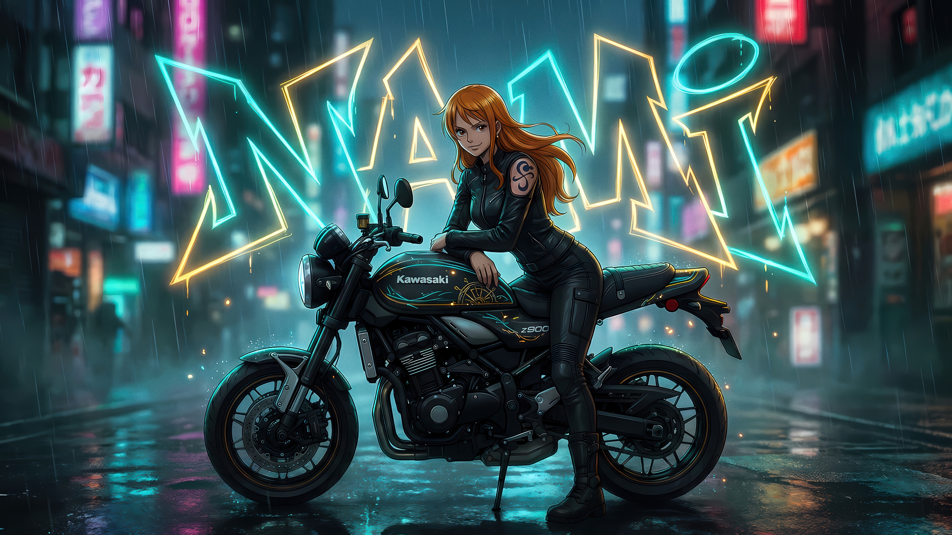 Nami on a Kawasaki Motorcycle in Neon City 4K HD Wallpaper