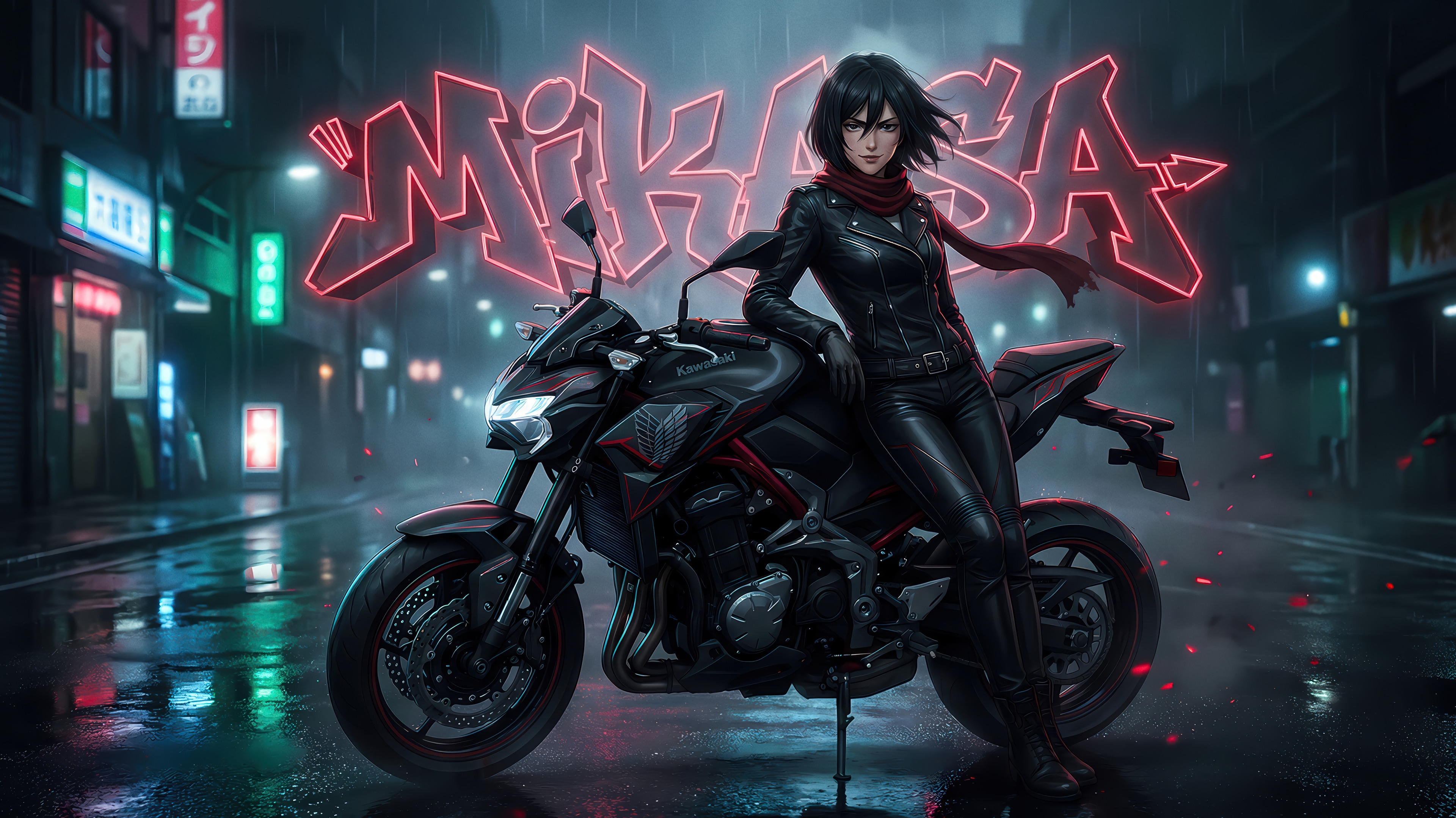 Mikasa Ackerman on a Motorcycle in a Neon City 4K HD Wallpaper