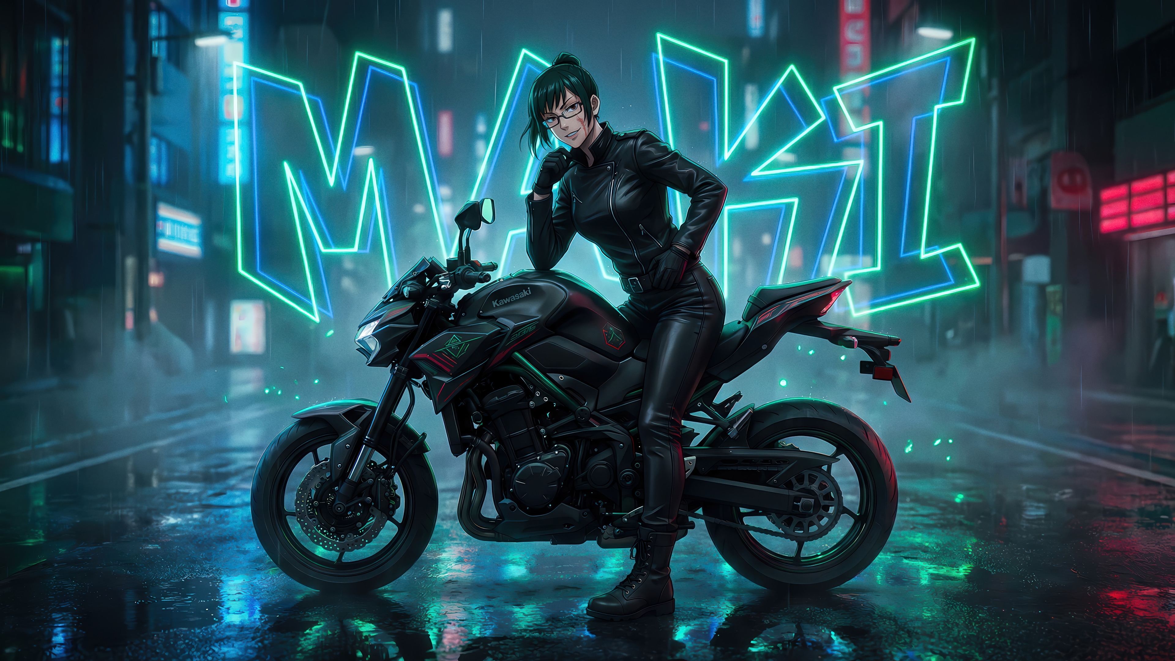 Maki Zenin on a Motorcycle in a Neon City 4K HD Wallpaper