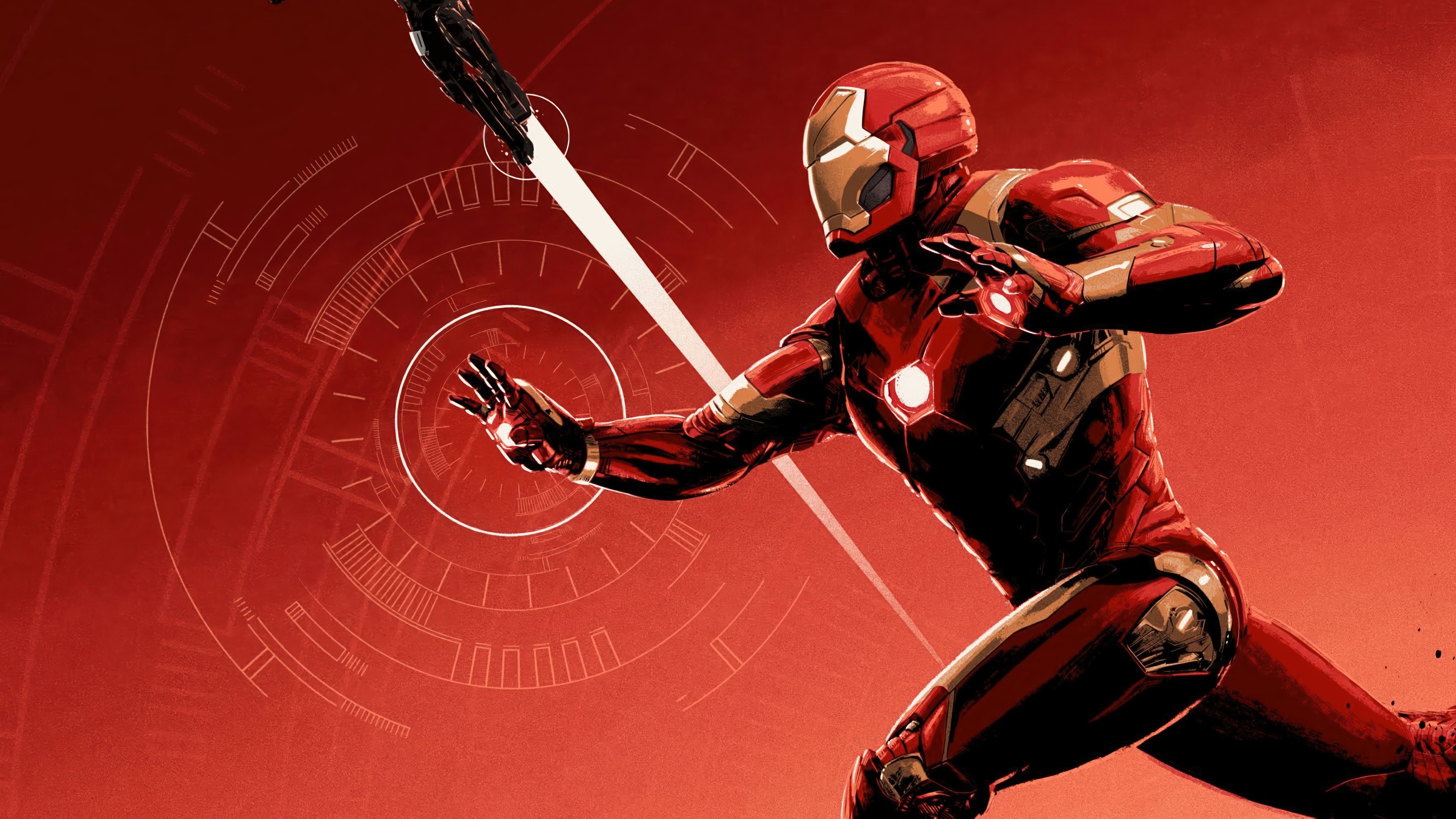 Iron Man in a red suit with HUD elements HD Wallpaper