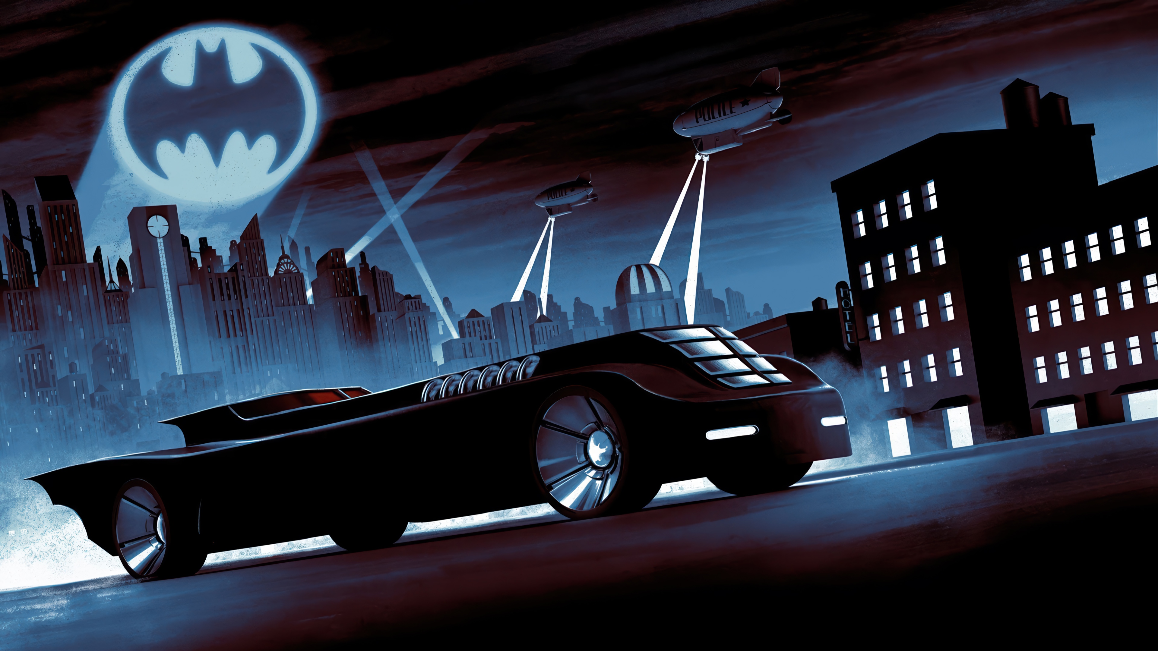Batman: The Animated Series Batmobile in Gotham City 4K HD Wallpaper