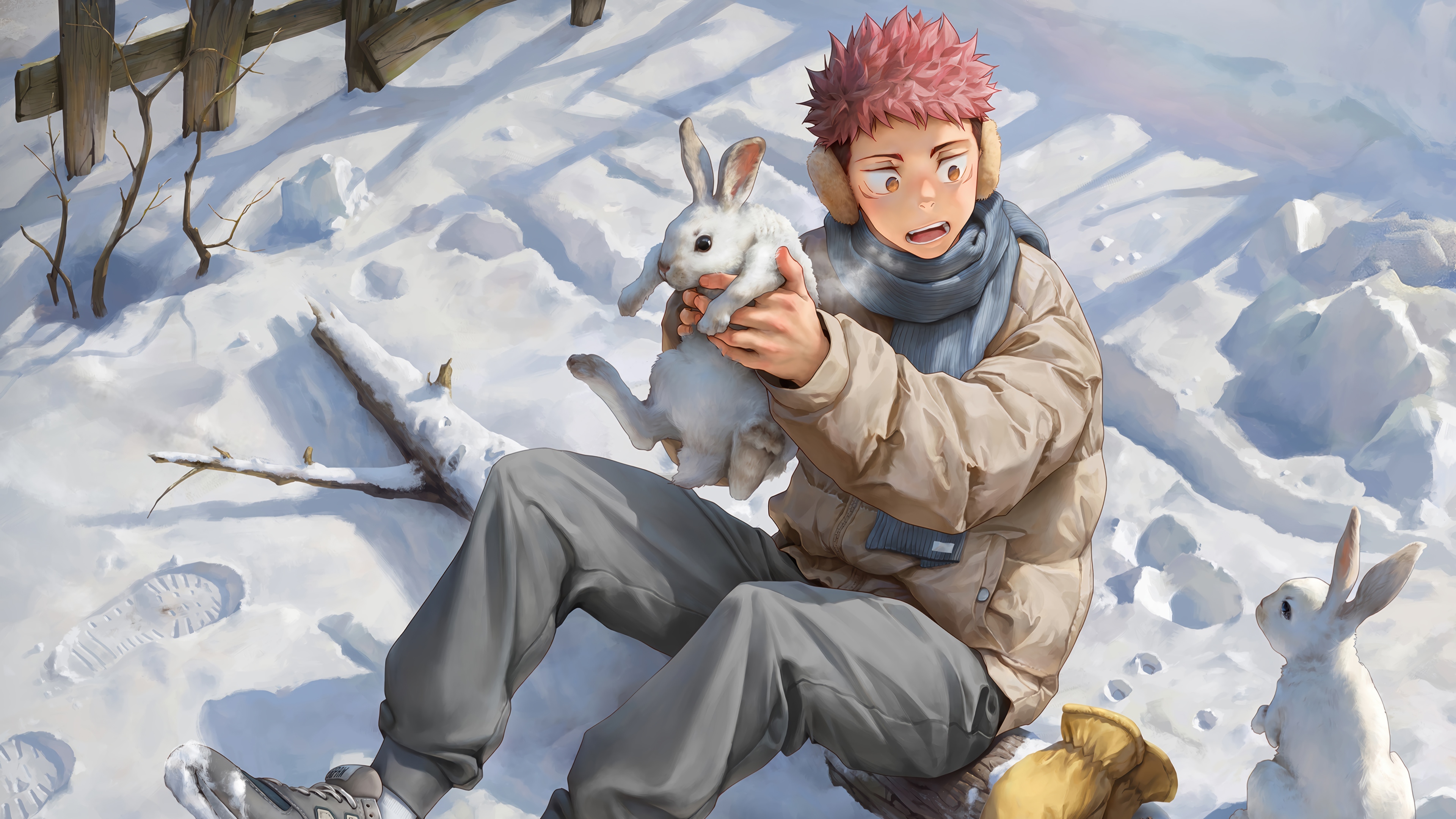 Yuji Itadori holding a rabbit in the snow HD Wallpaper