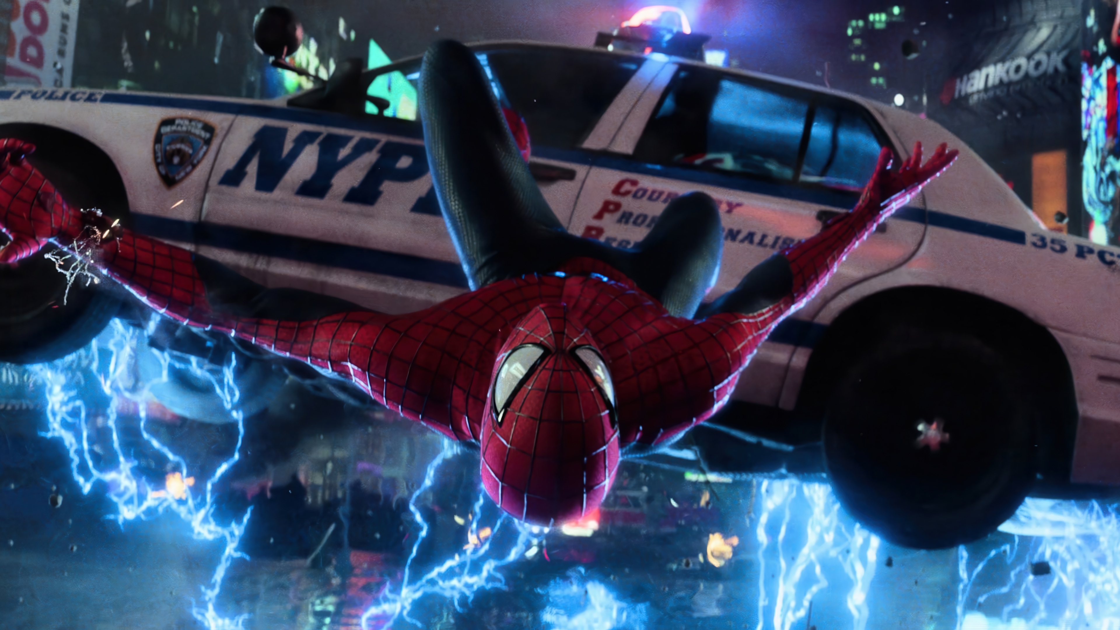 The Amazing Spider-Man 2 with NYPD Car HD Wallpaper