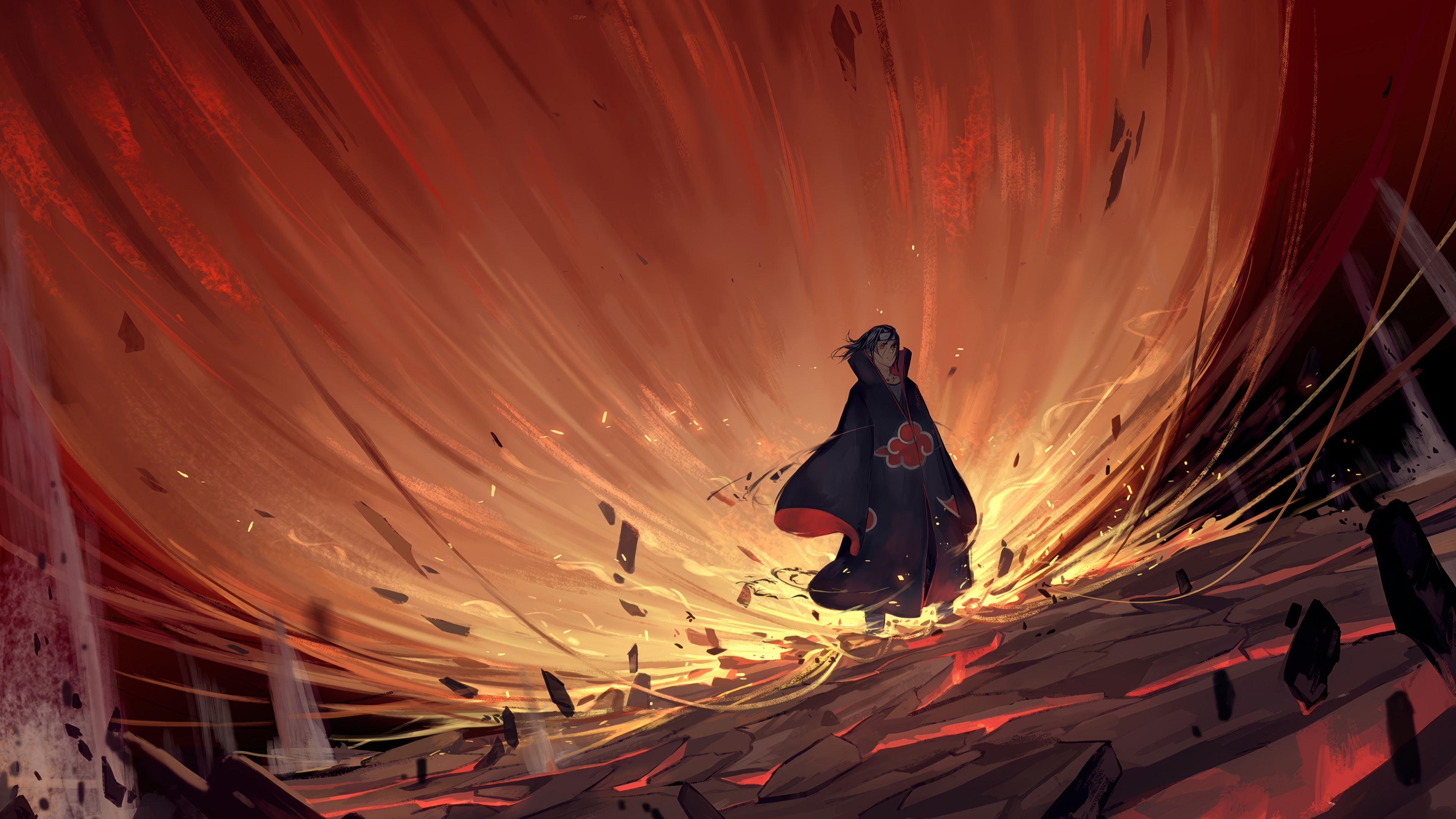 Itachi Uchiha in Akatsuki Robes Amidst Fiery Explosion 4K HD Wallpaper