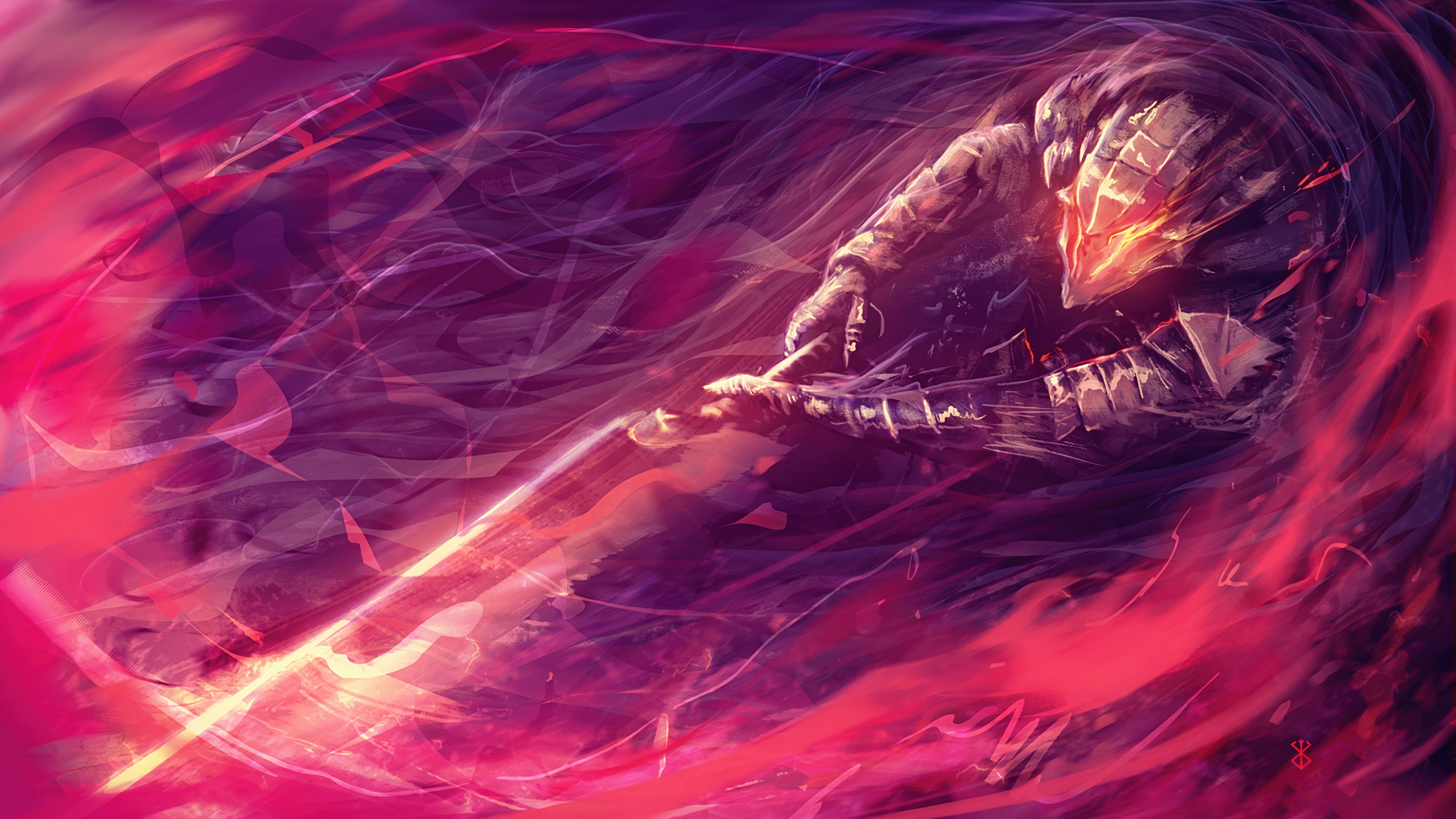 Guts with a glowing sword in a vortex 4K HD Wallpaper