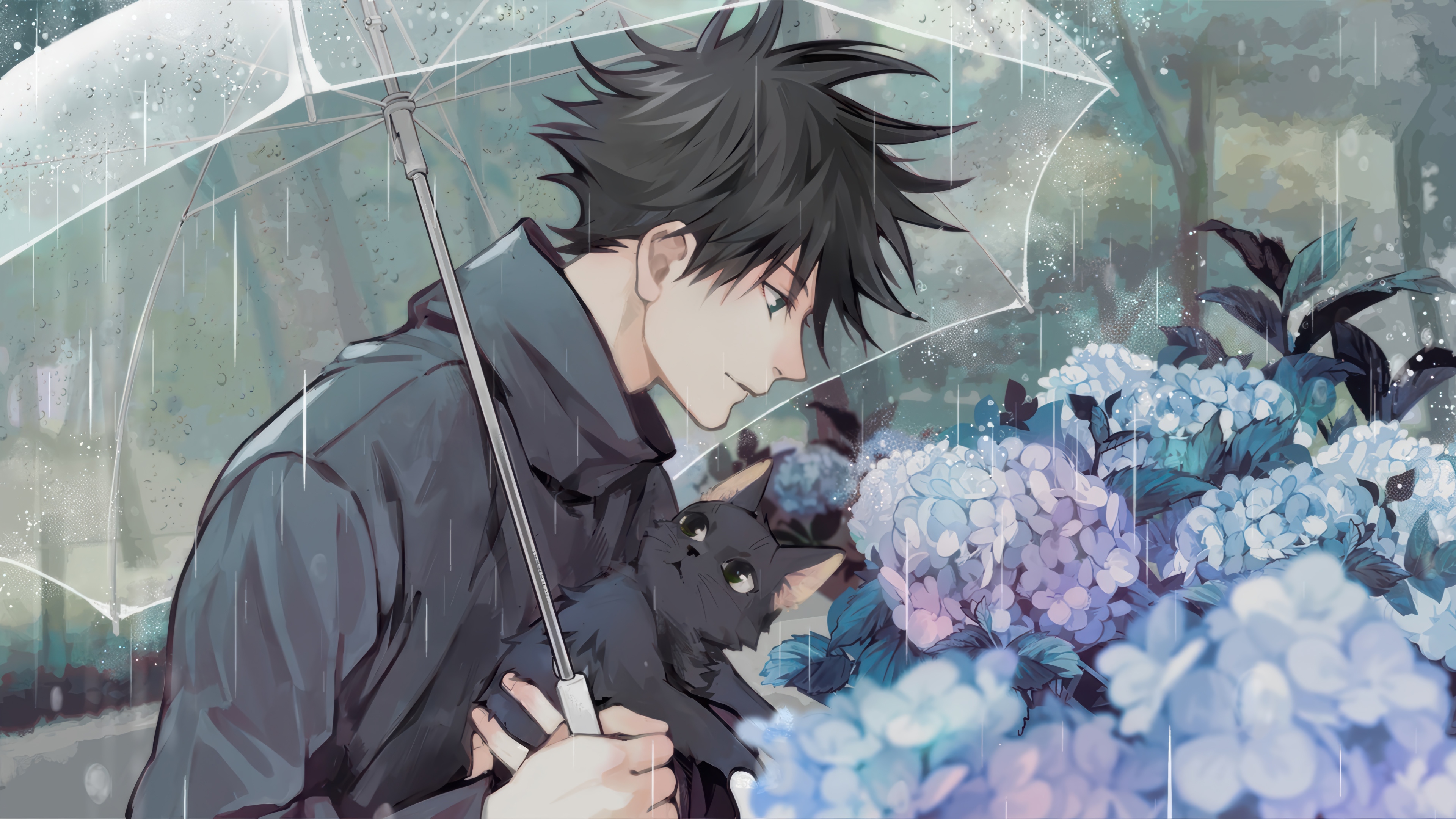 Megumi Fushiguro holding a cat under an umbrella in the rain HD Wallpaper