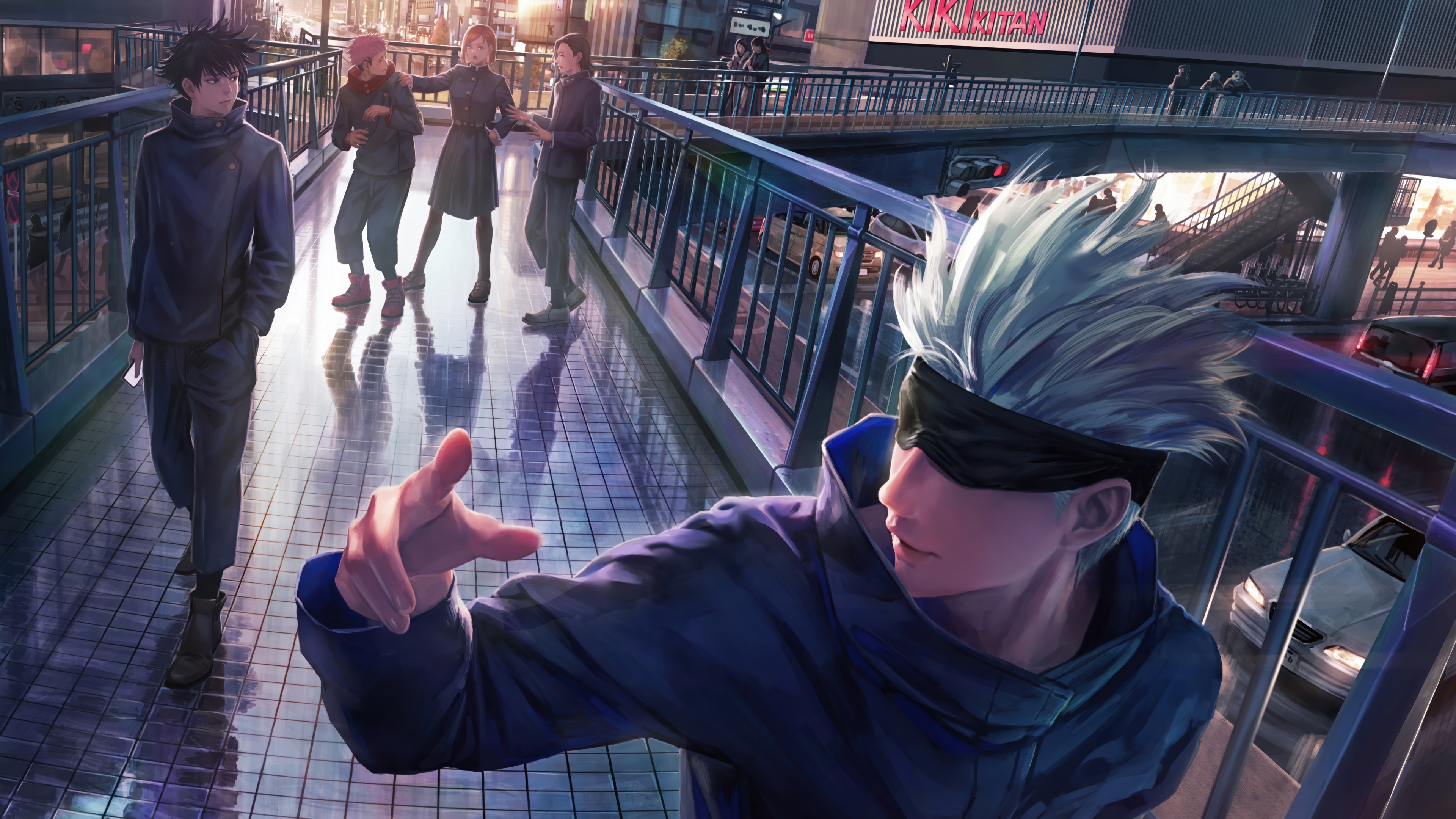 Jujutsu Kaisen: Satoru Gojo and friends on a city street HD Wallpaper