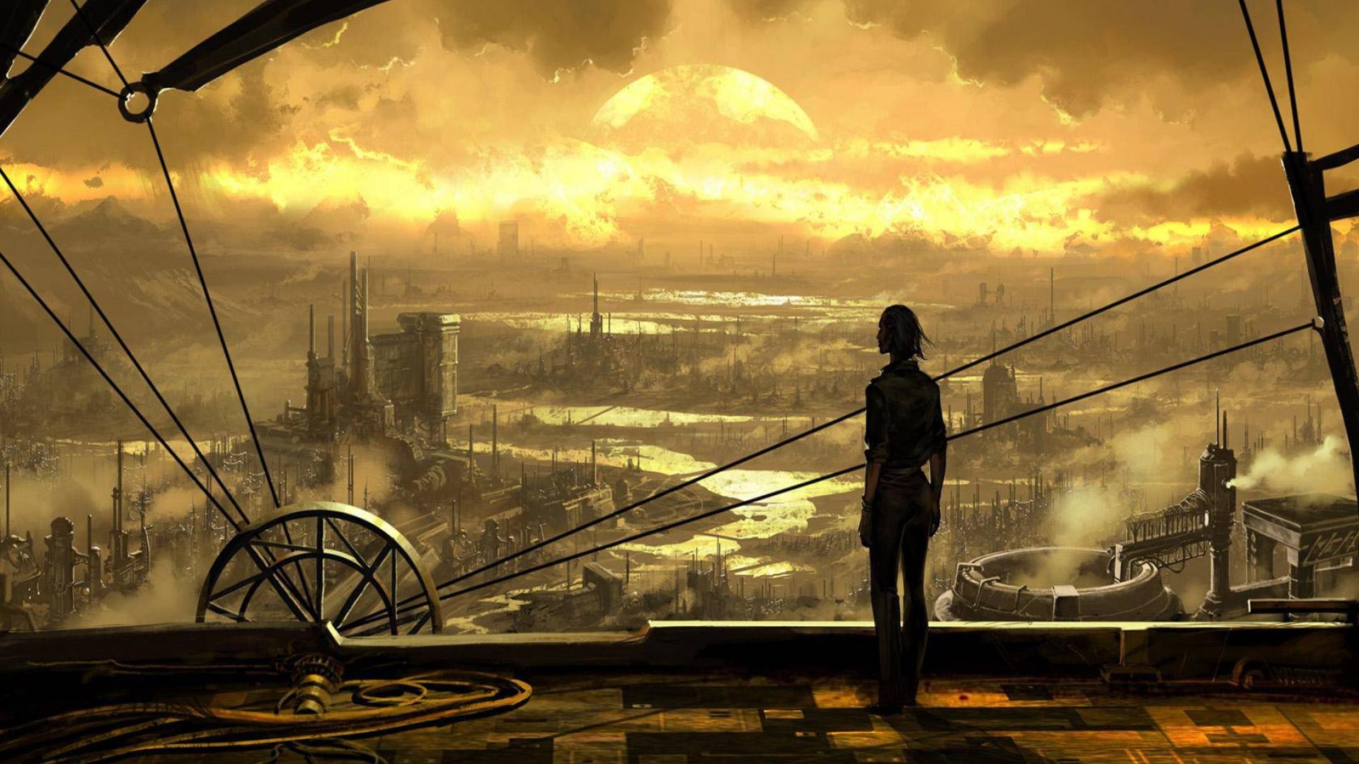 Steampunk city with a lone figure overlooking the landscape HD Wallpaper