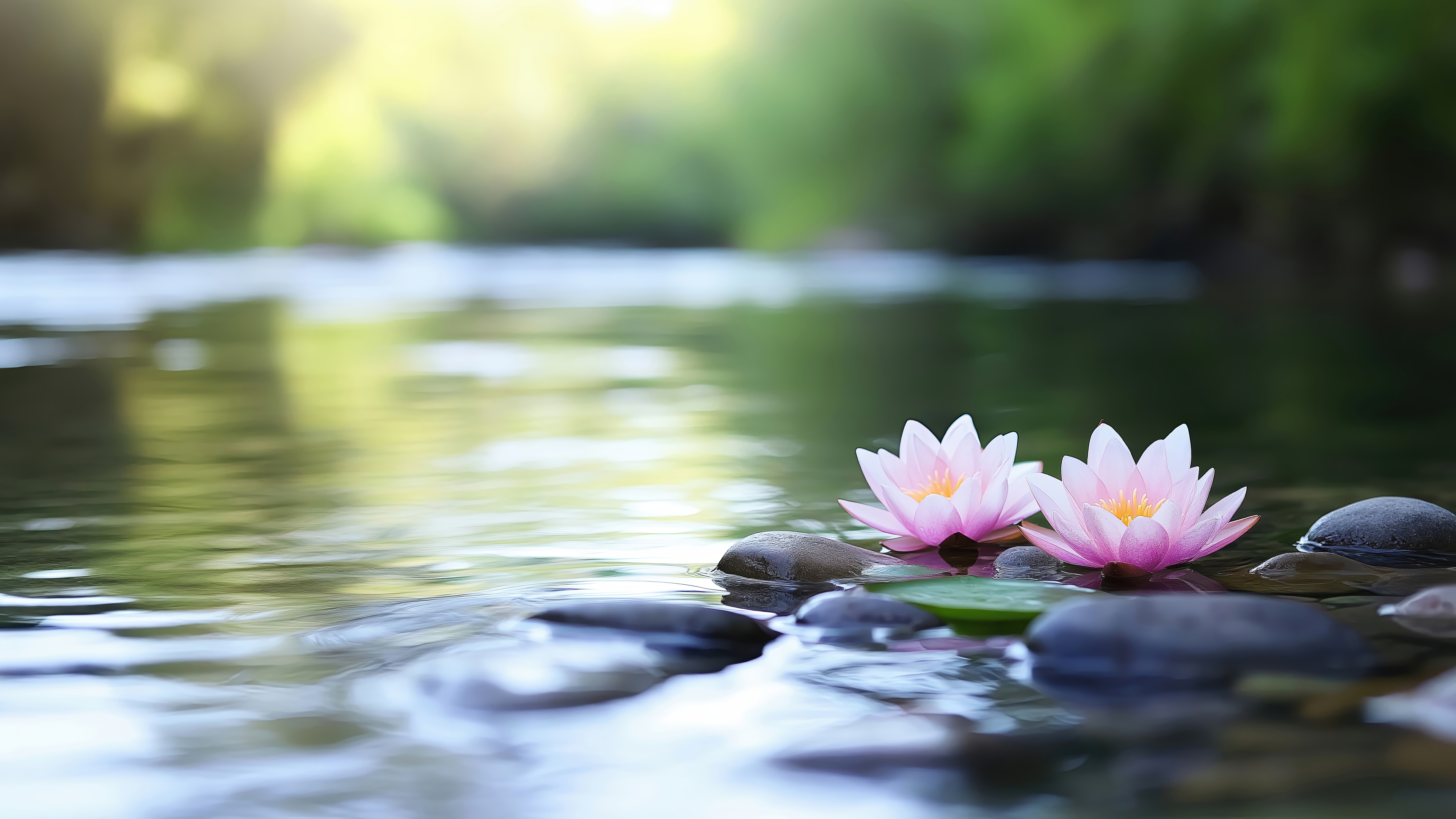 Two pink water lilies float on a river with stones HD Wallpaper