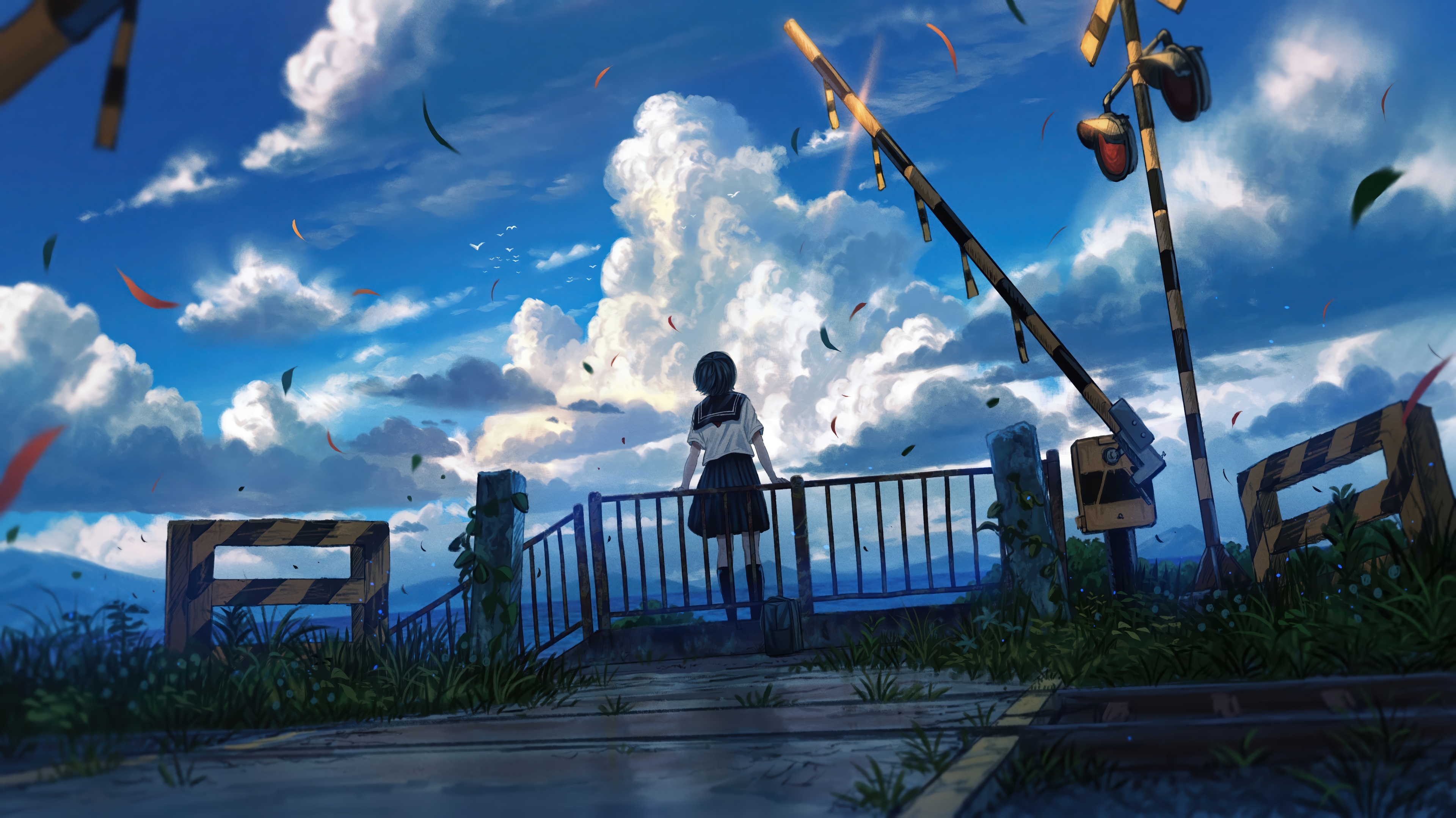 Anime Girl at Railroad Crossing Under Clouds 4K HD Wallpaper