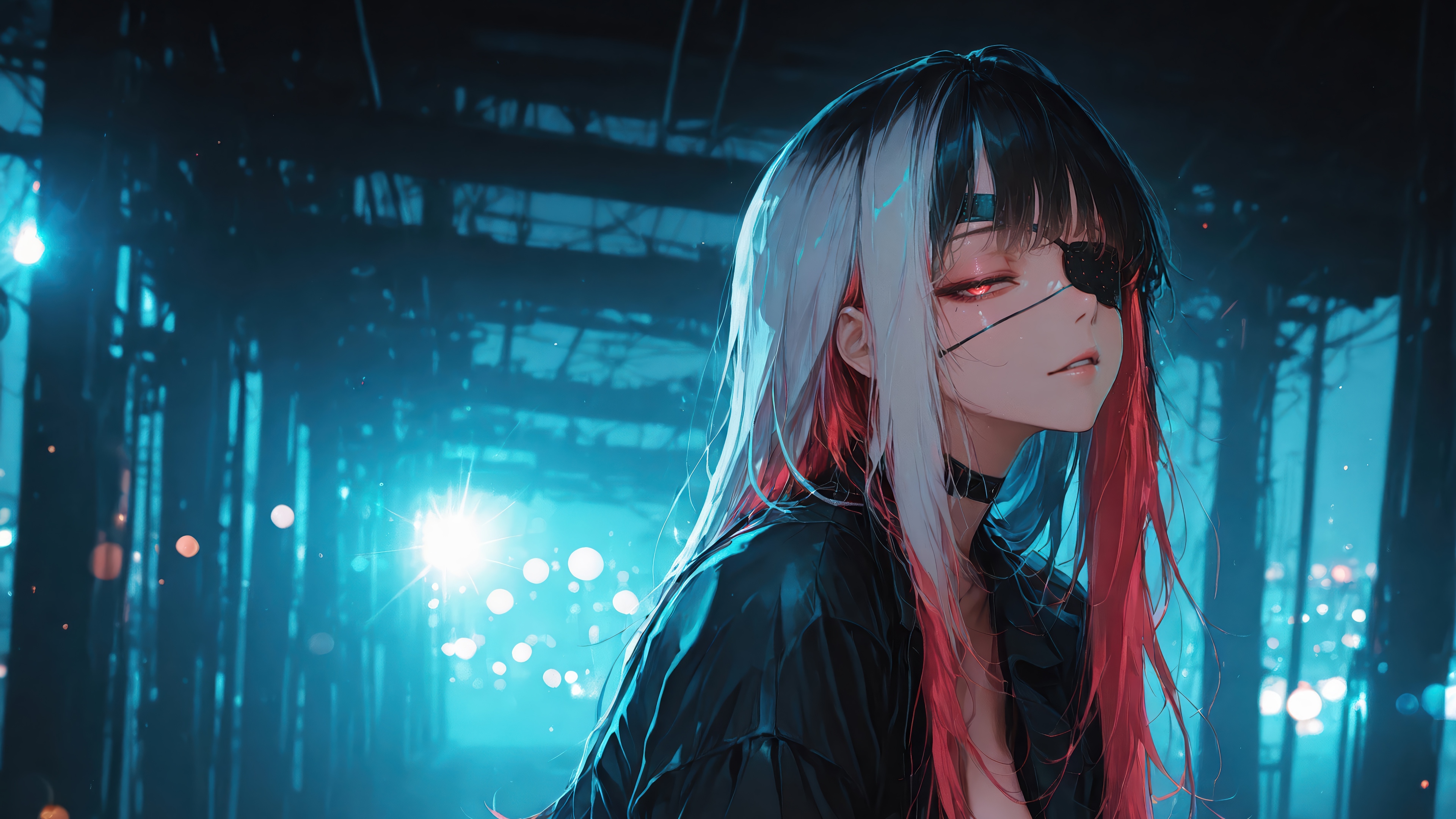 Anime Girl with Eyepatch and Red Streaks in Hair 4K HD Wallpaper