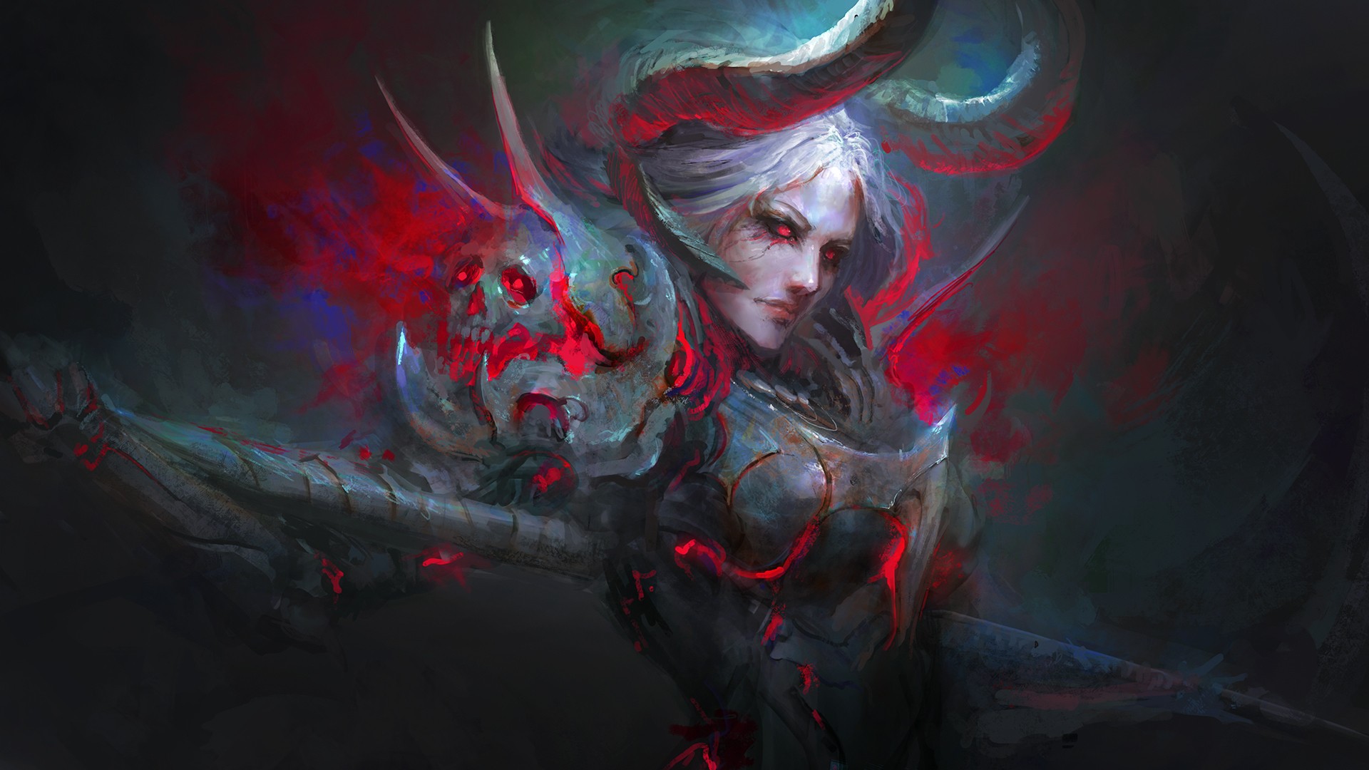 Demon girl with horns and skull armor HD Wallpaper